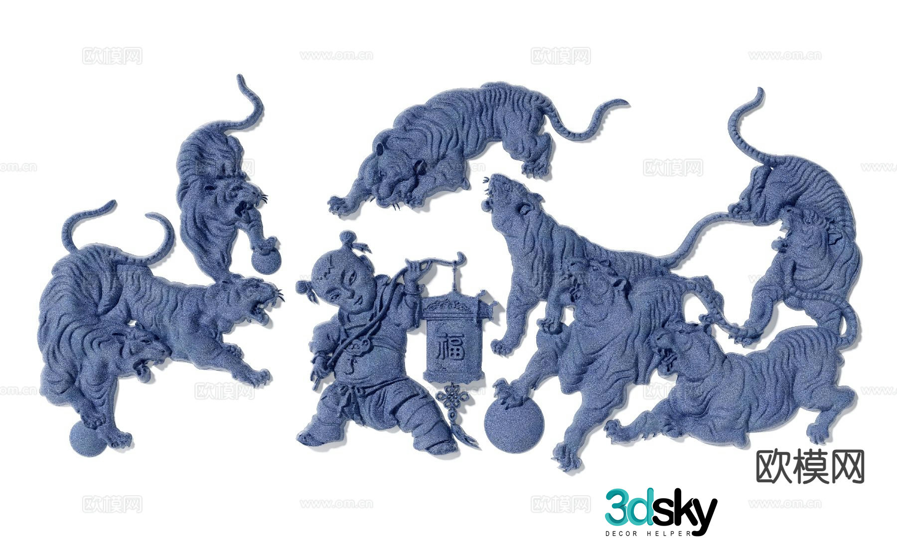 Chinese tiger carving stone carving wall decoration hanging decoration 3D model