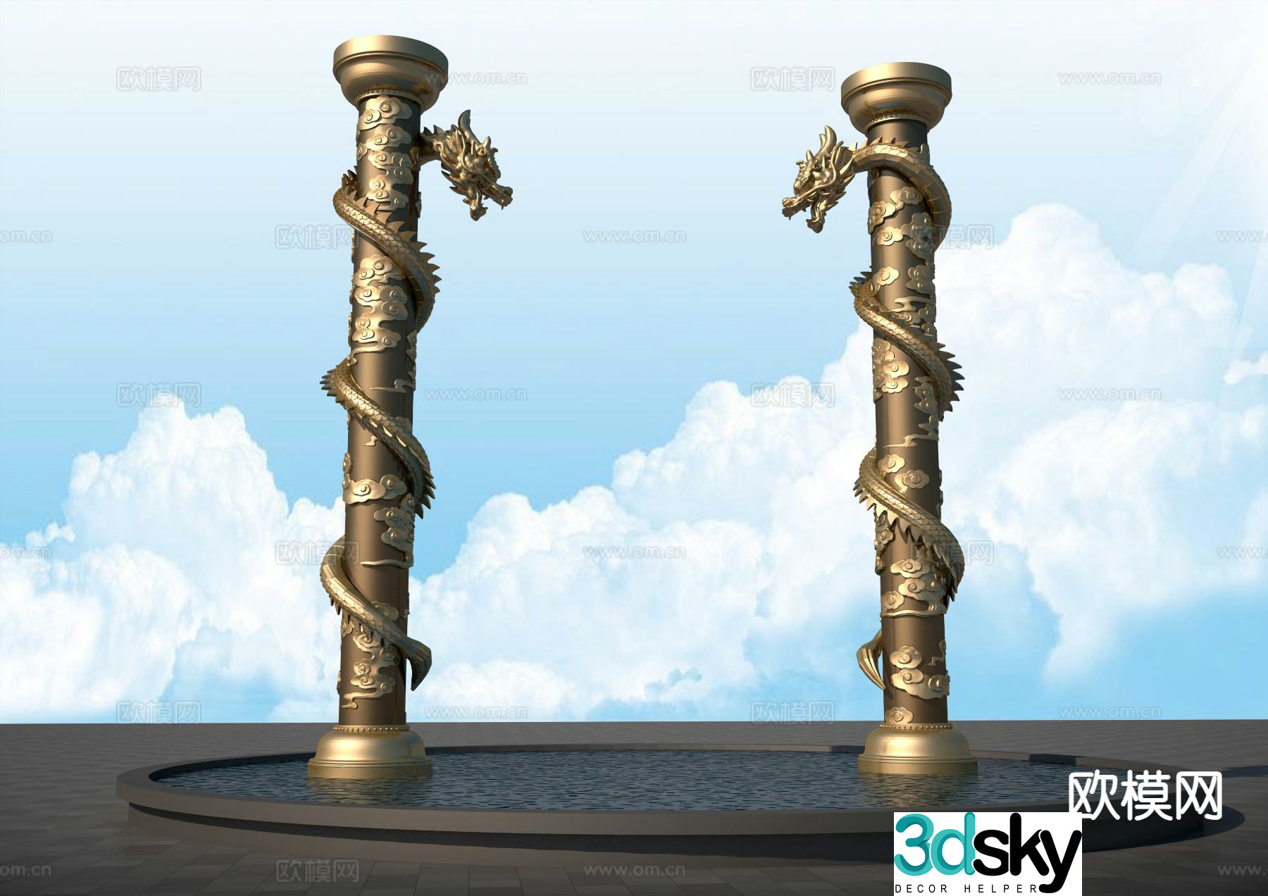 Dragon Column Sculpture Square Sculpture 3D Model