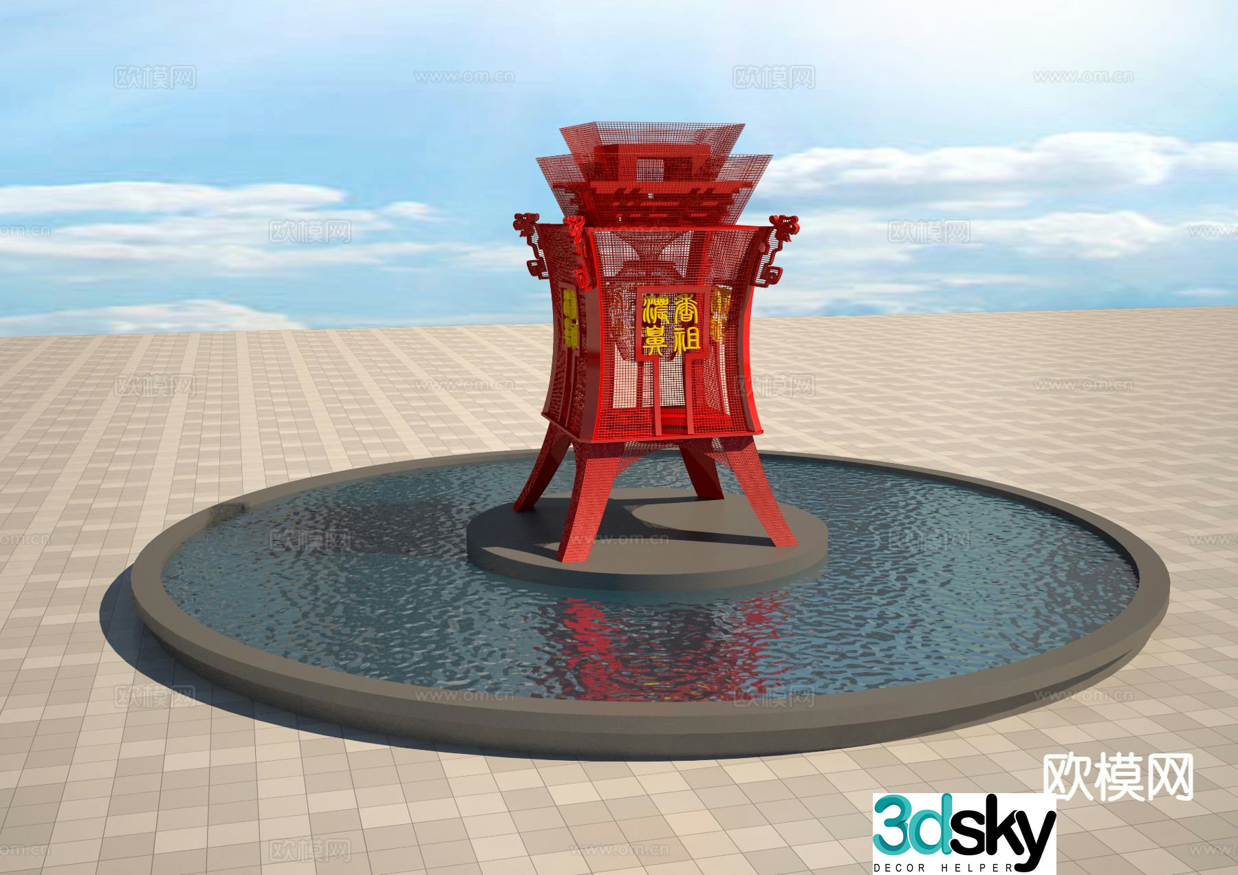 Chinese ancient wine bottle landscape sculpture 3D model