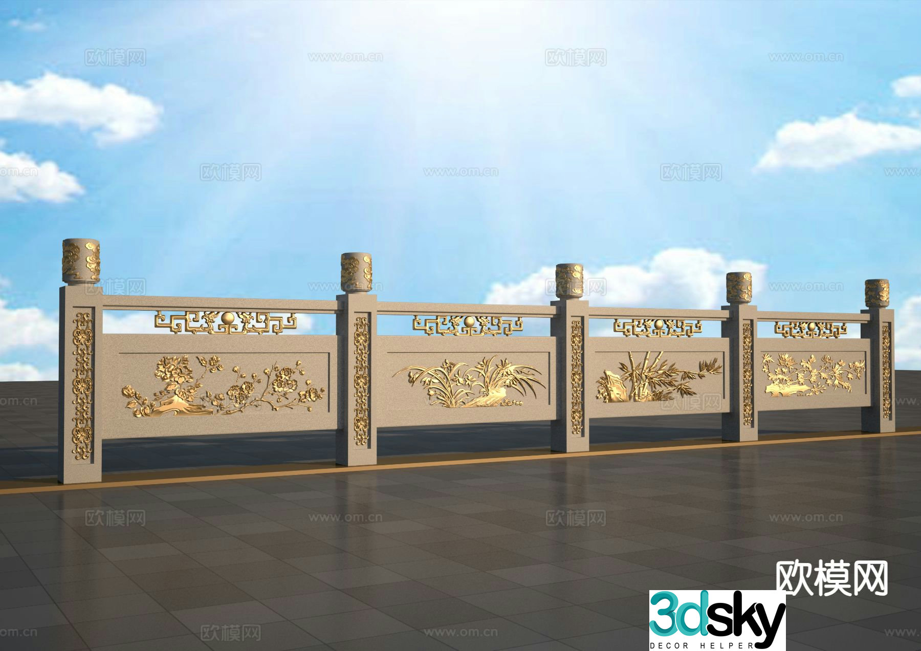 New Chinese style railing fence guardrail 3d model