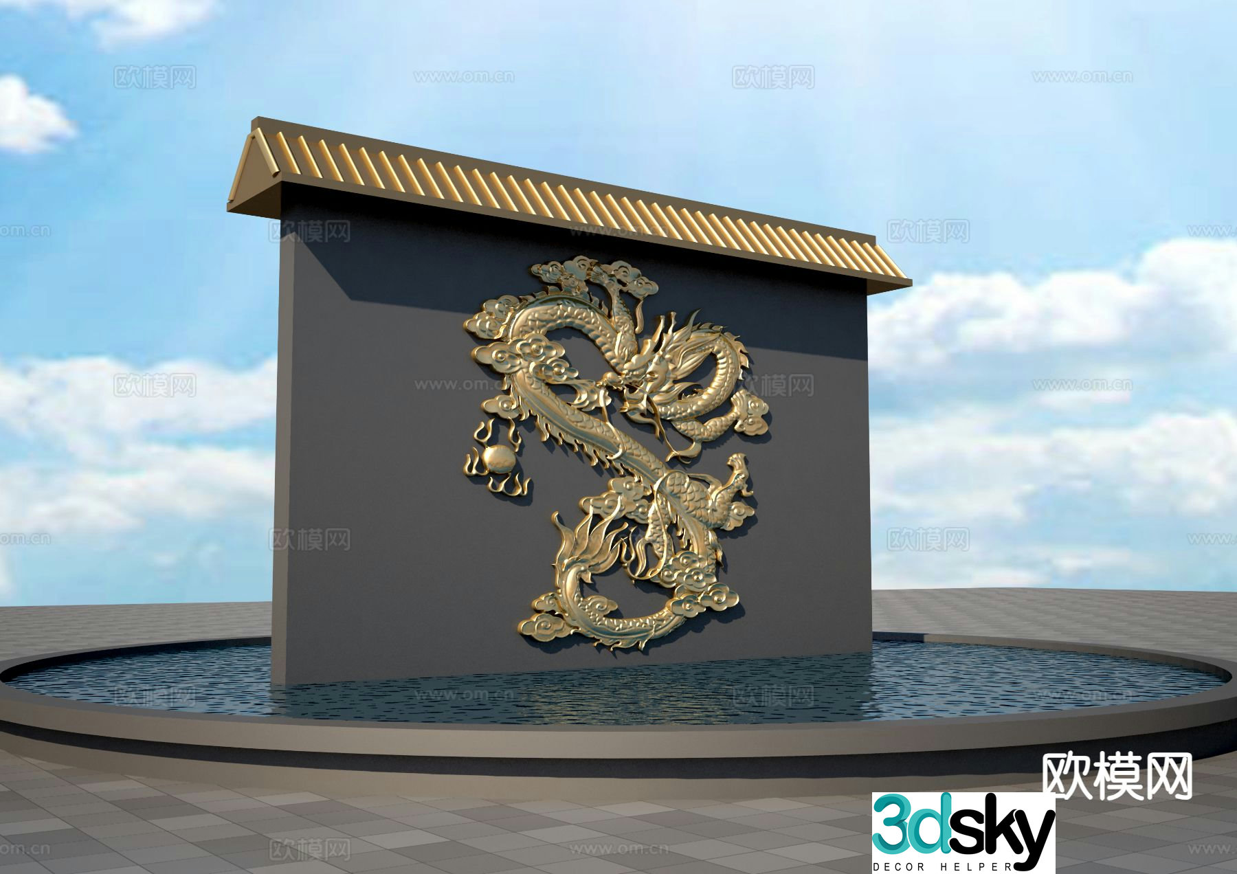 New Chinese style landscape wall Panlong relief wall 3D model