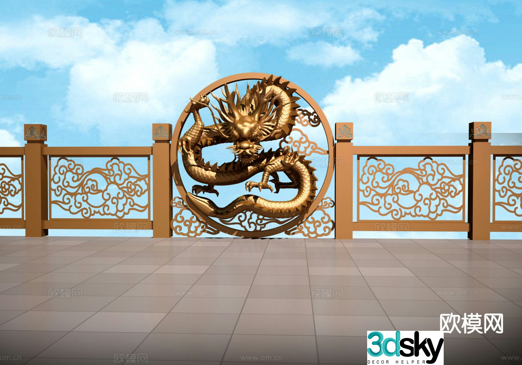 Chinese style coiled dragon column head sculpture 3D model