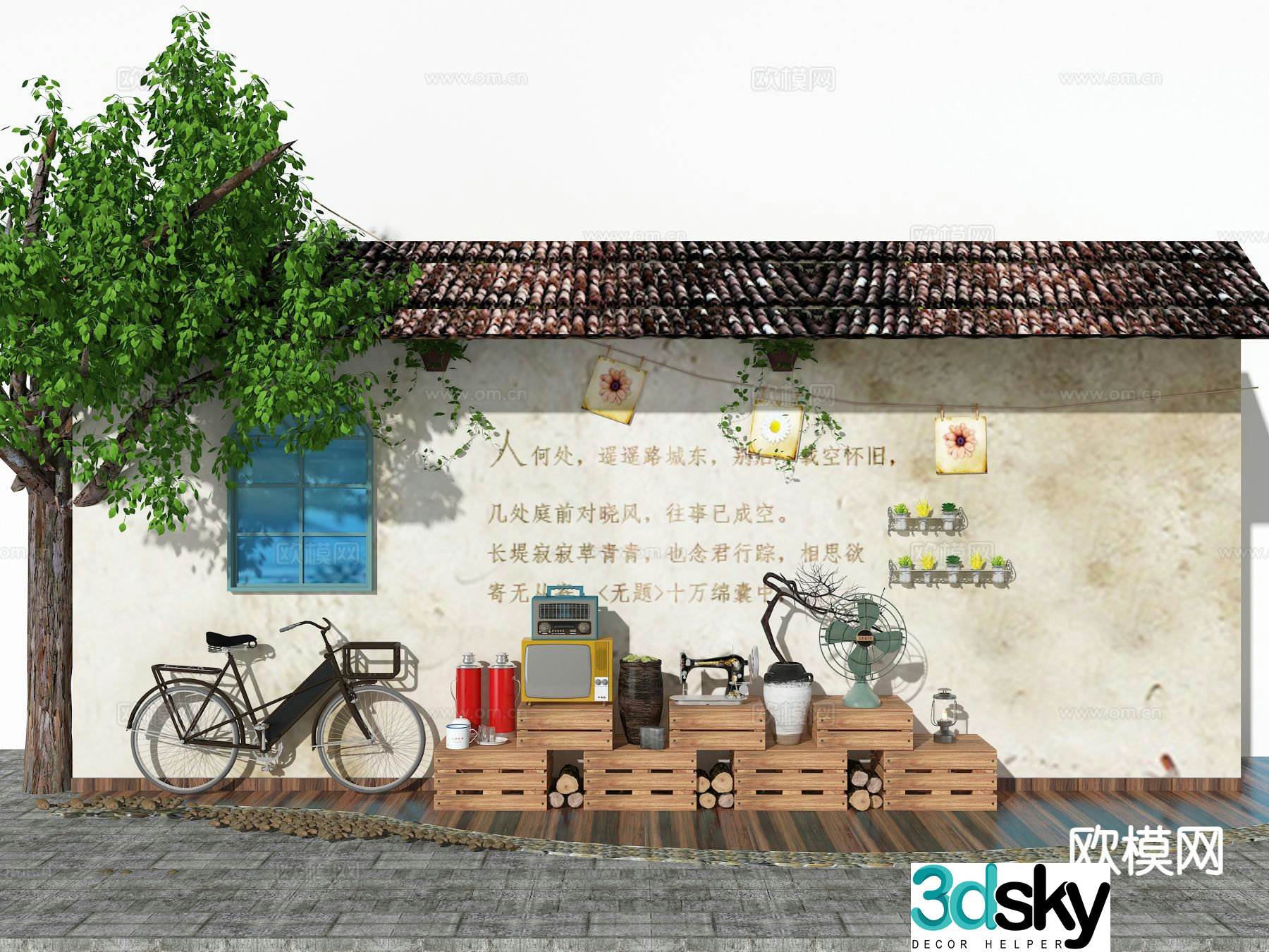 Republic of China retro landscape wall nostalgic landscape wall old furniture 3D model