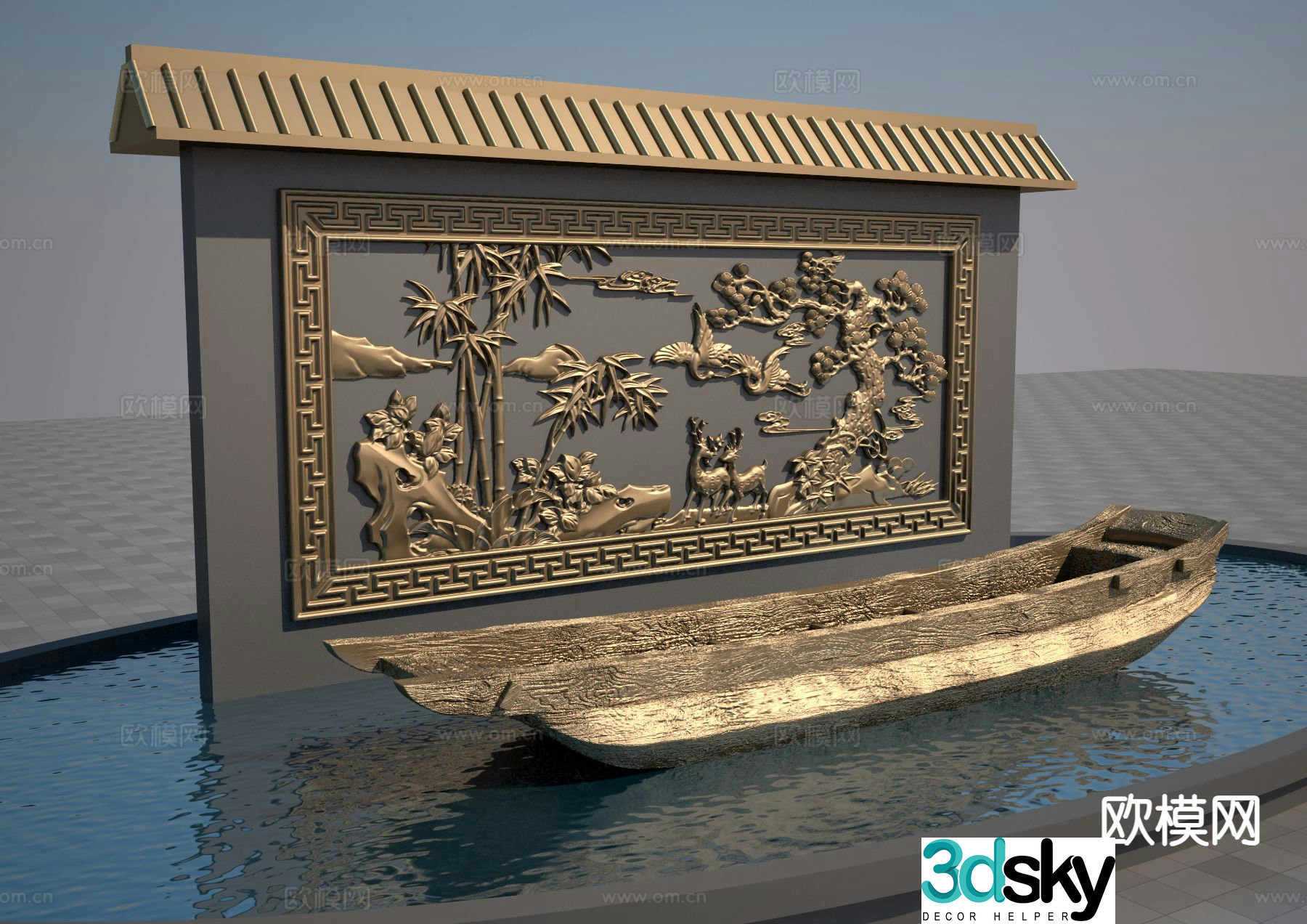 Landscape landscape relief wooden boat sculpture landscape 3d model