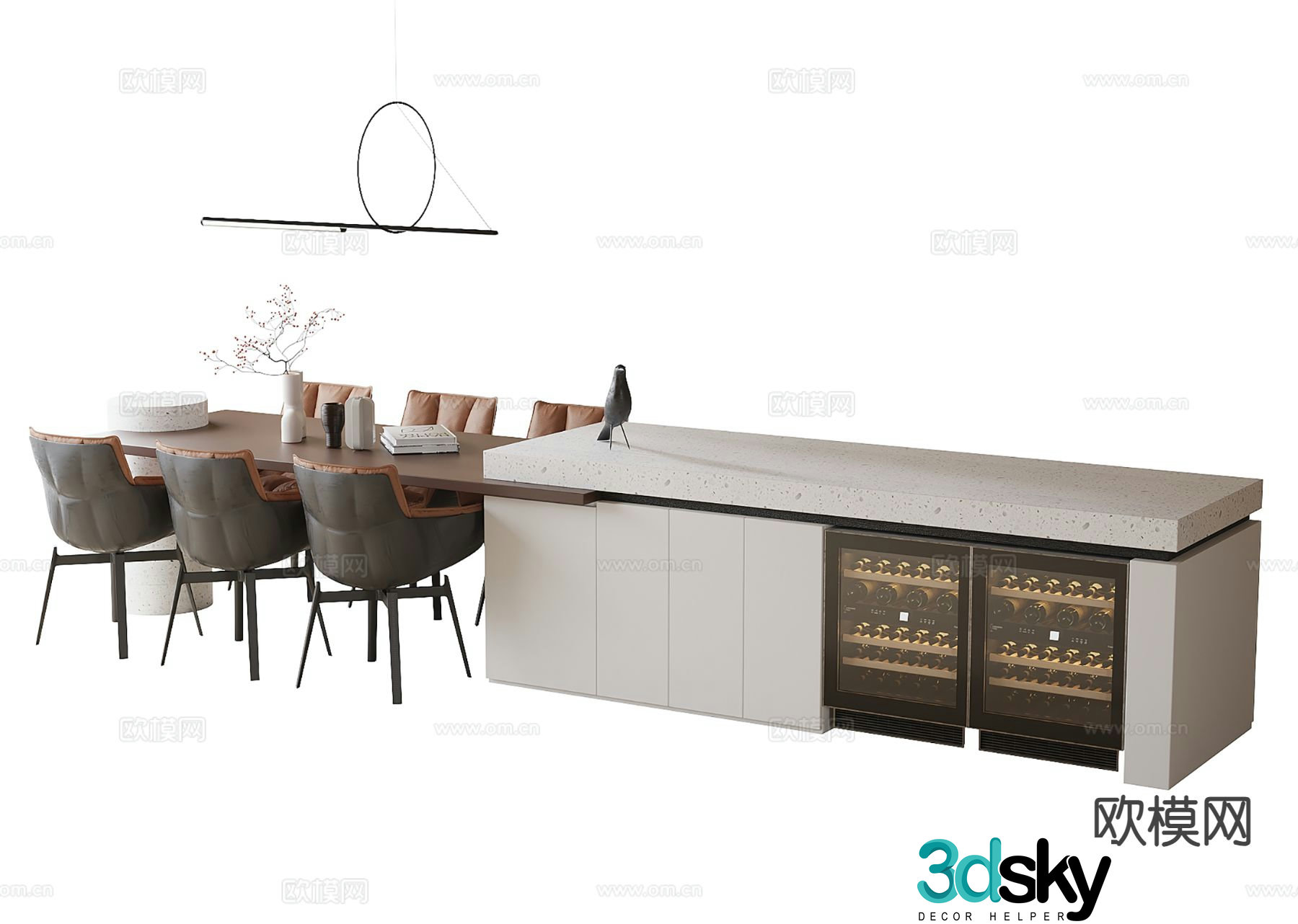 Island dining table and chairs solid wood dining table 3d model