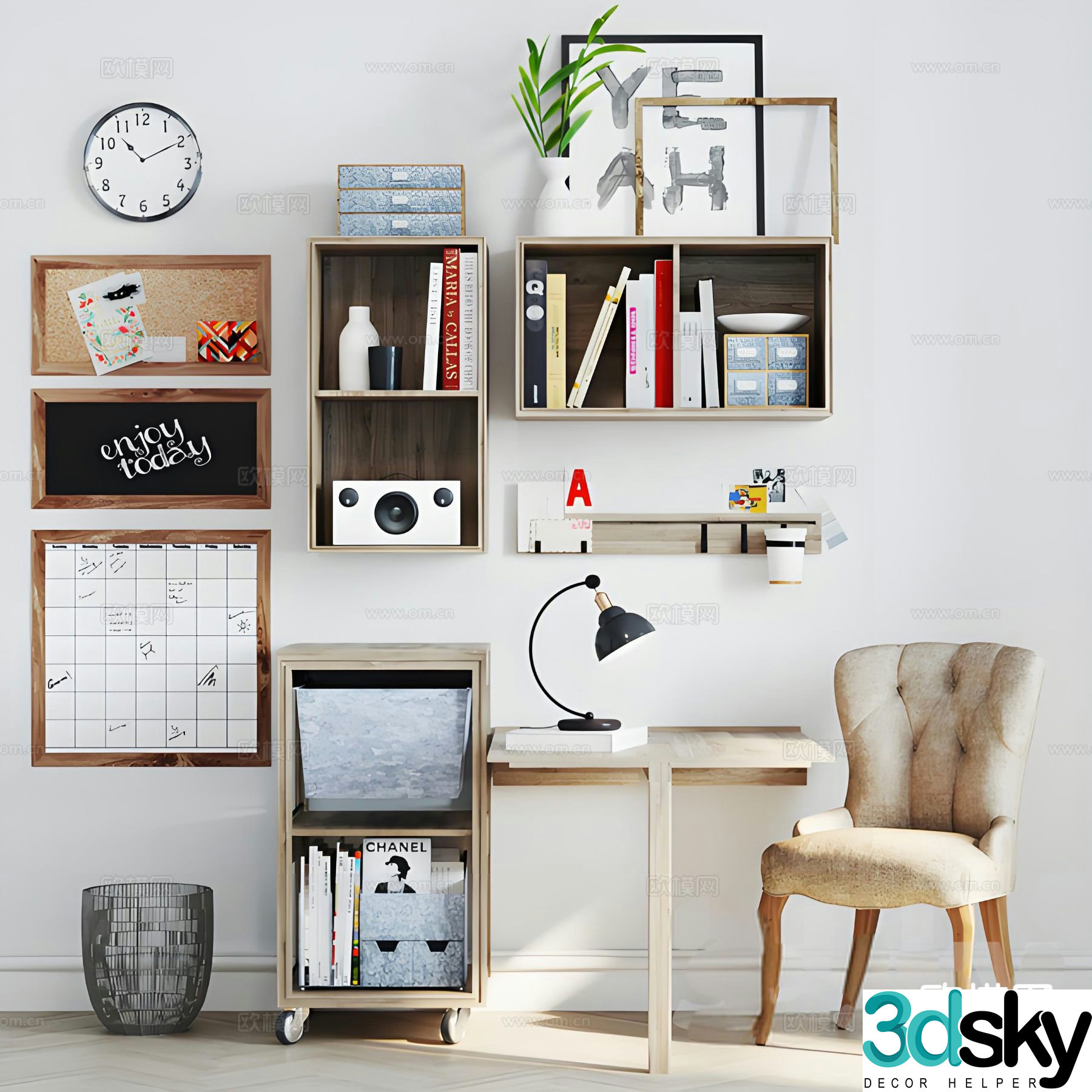 Nordic desk chair wall cabinet mobile side cabinet 3D model