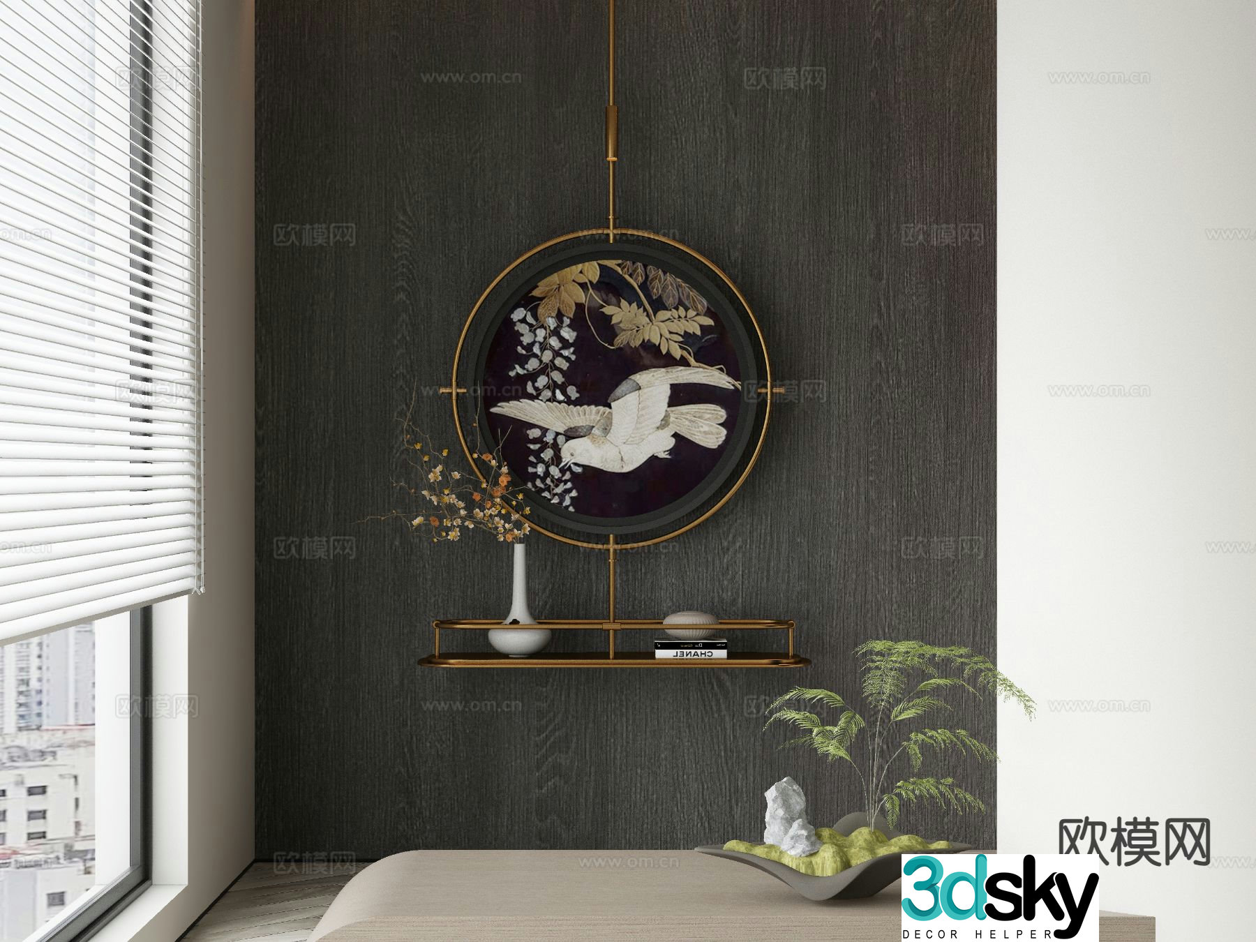 New Chinese style round hanging painting black and white painting decorative painting 3d model
