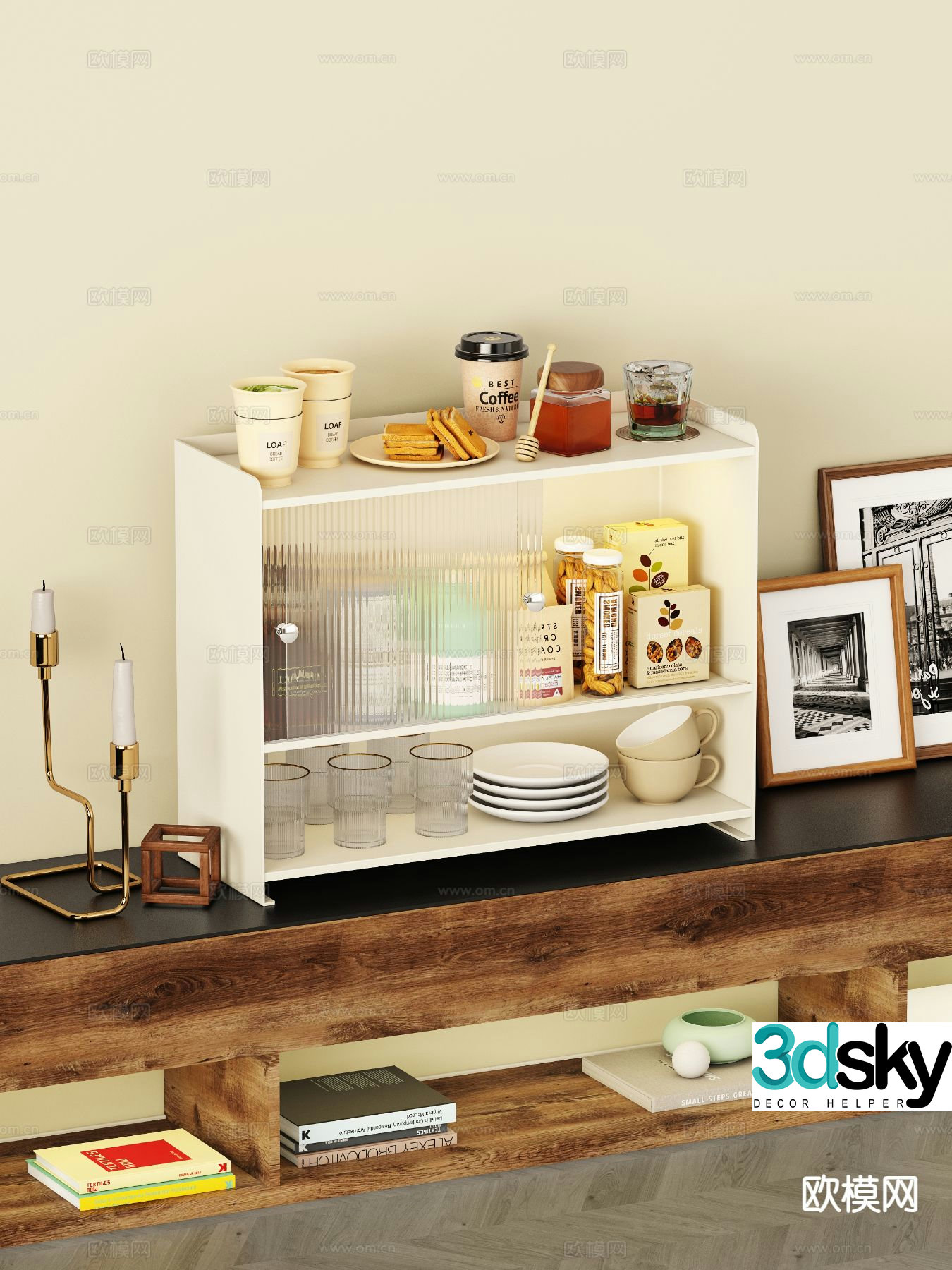 Cream style tea cabinet tea set cabinet storage cabinet 3d model