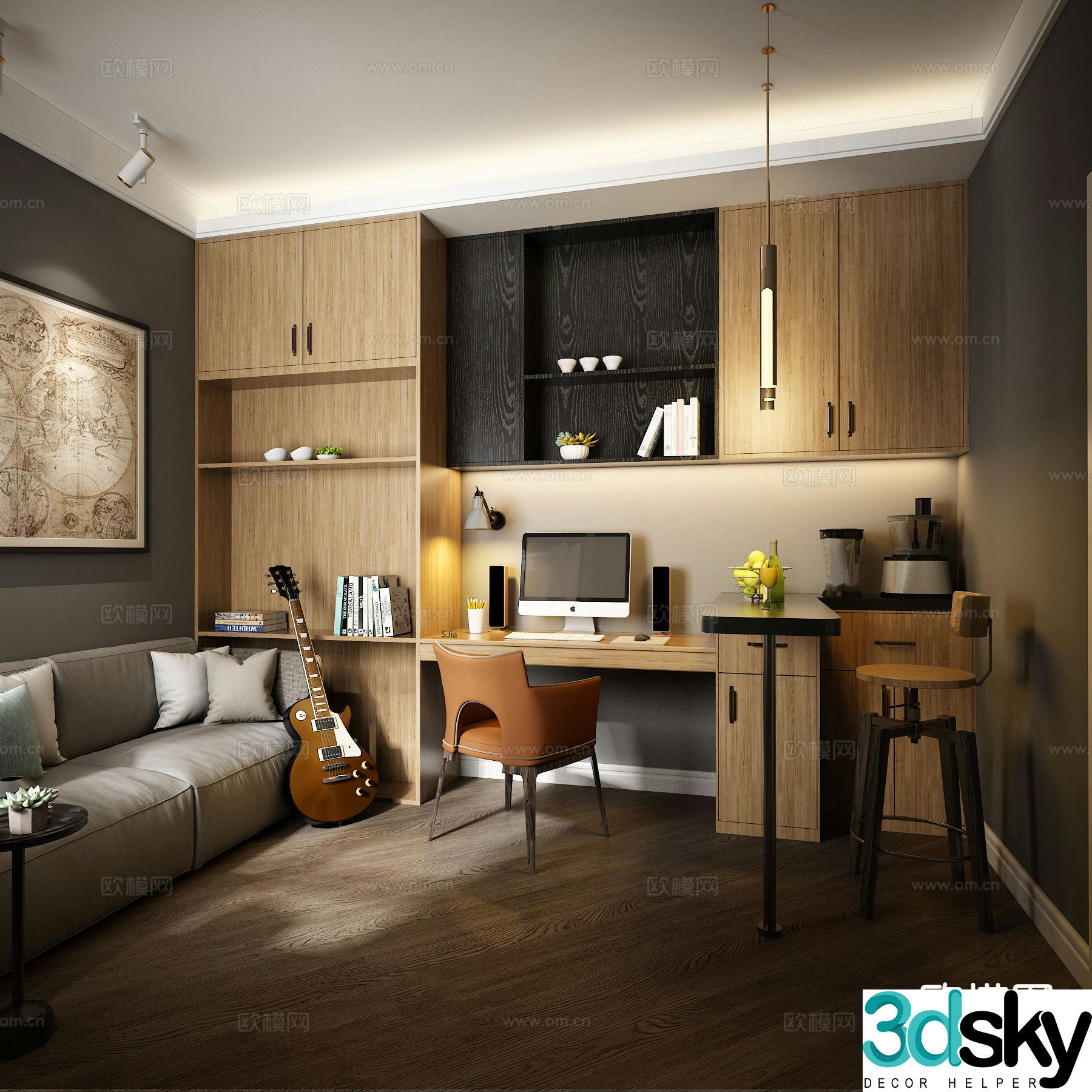 Modern study guitar room 3d model