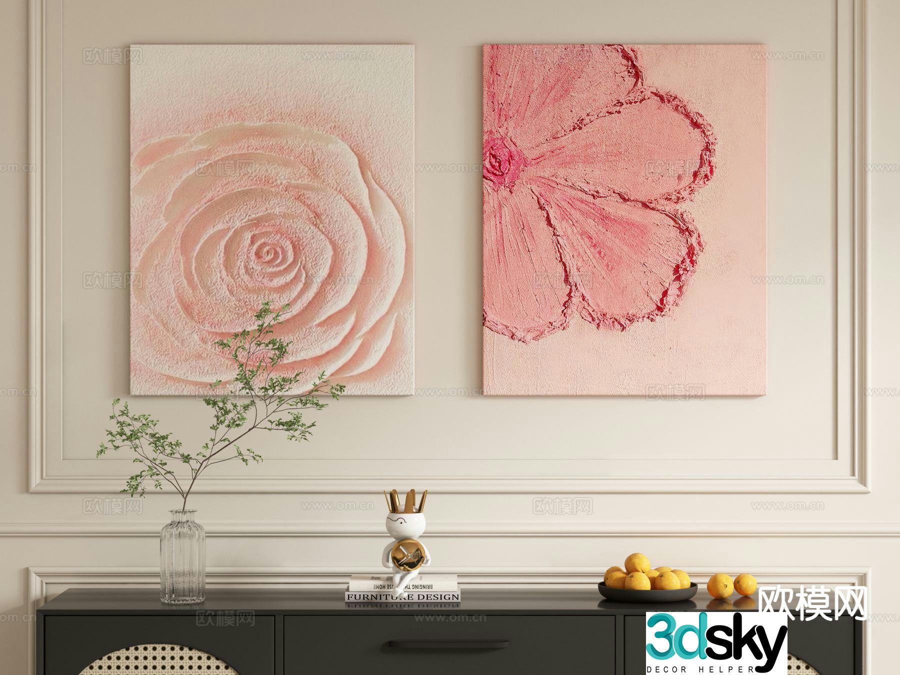 Cream style rose hanging painting decorative painting oil painting 3d model