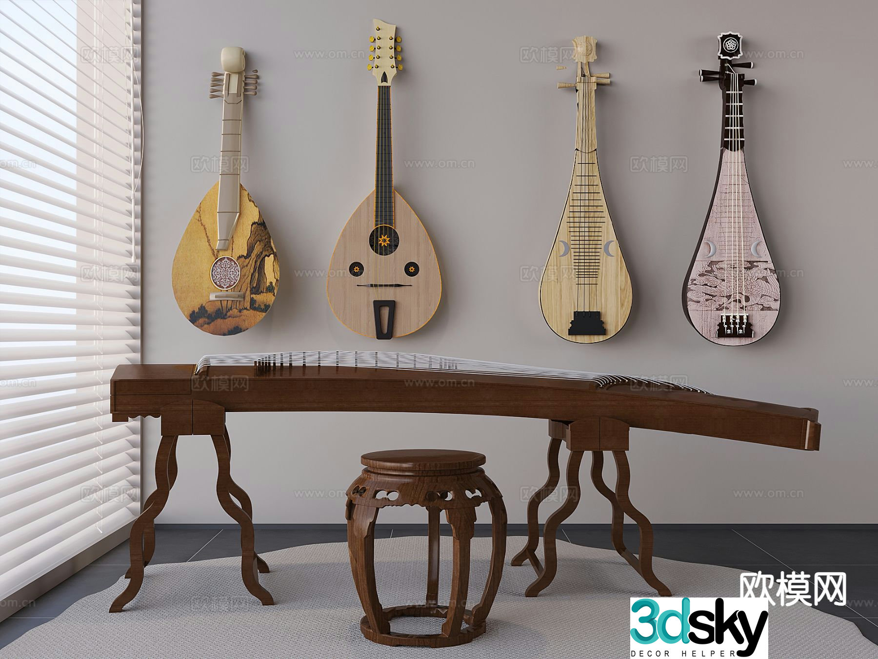 Chinese musical instrument guzheng pipa guitar 3d model