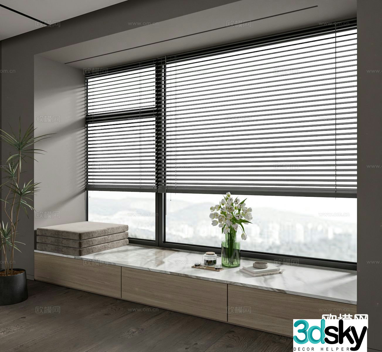 Modern bay window venetian curtain 3d model