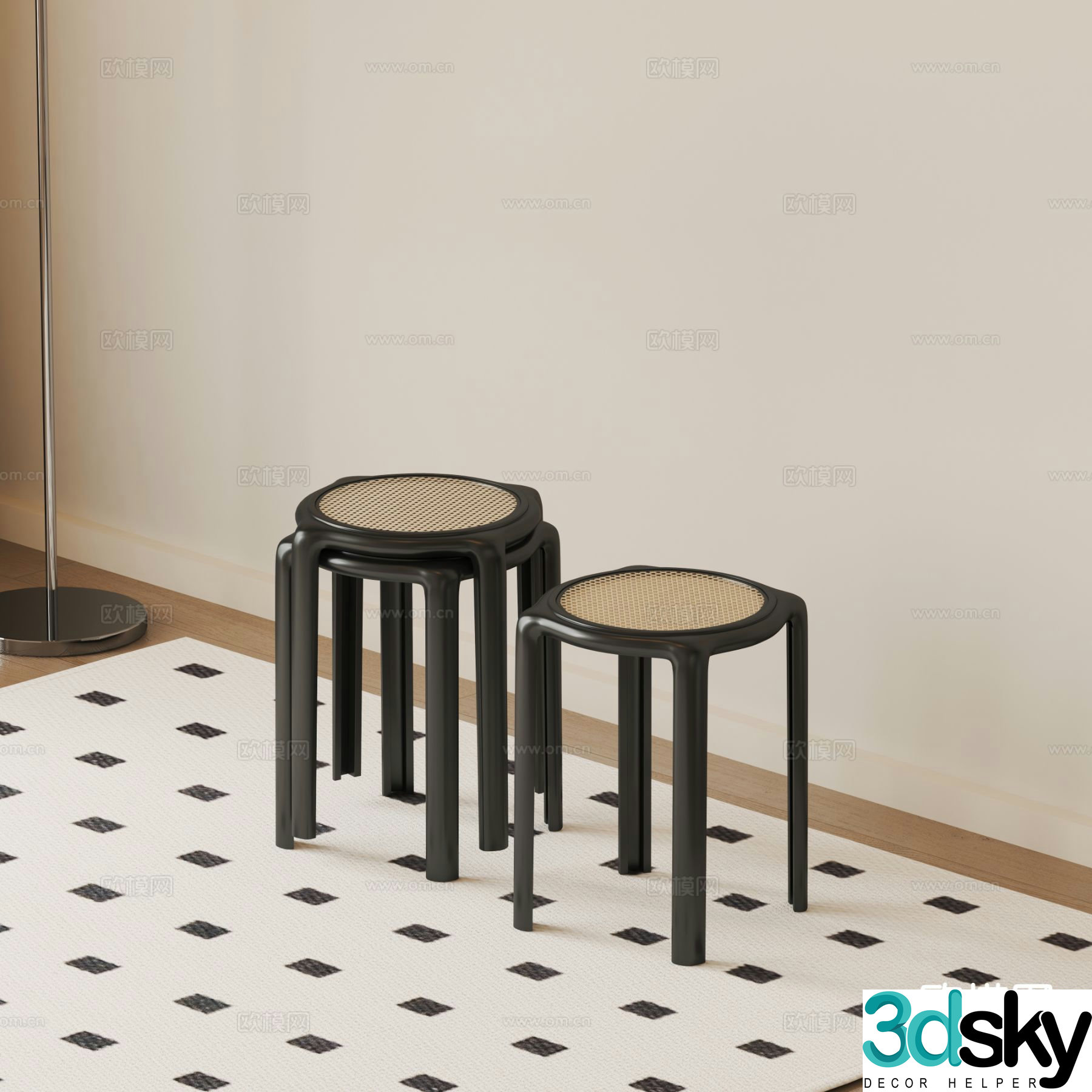 Wabi-sabi round dining chair rattan stool round stool 3D model