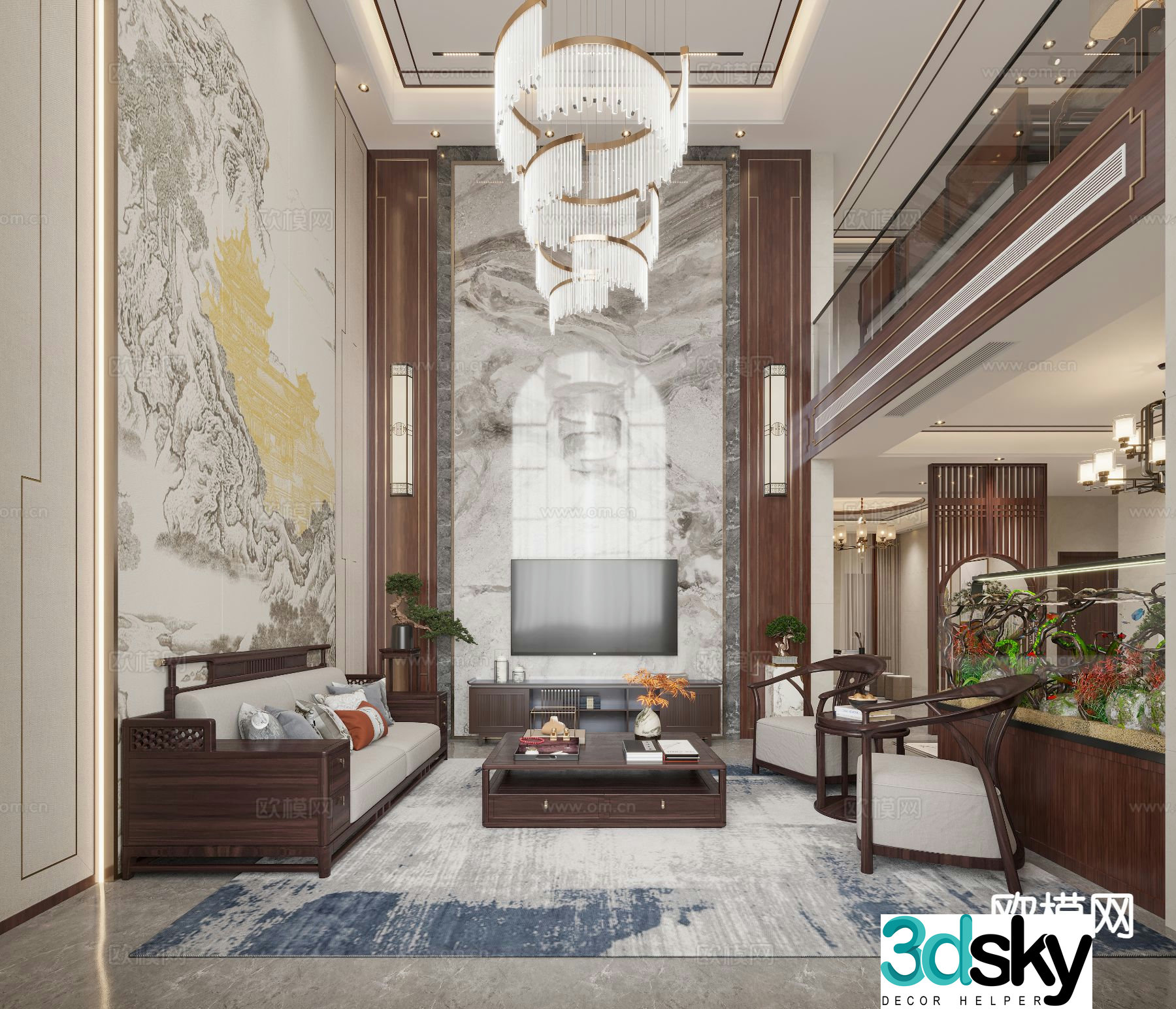 New Chinese style villa living room empty living room 3D model