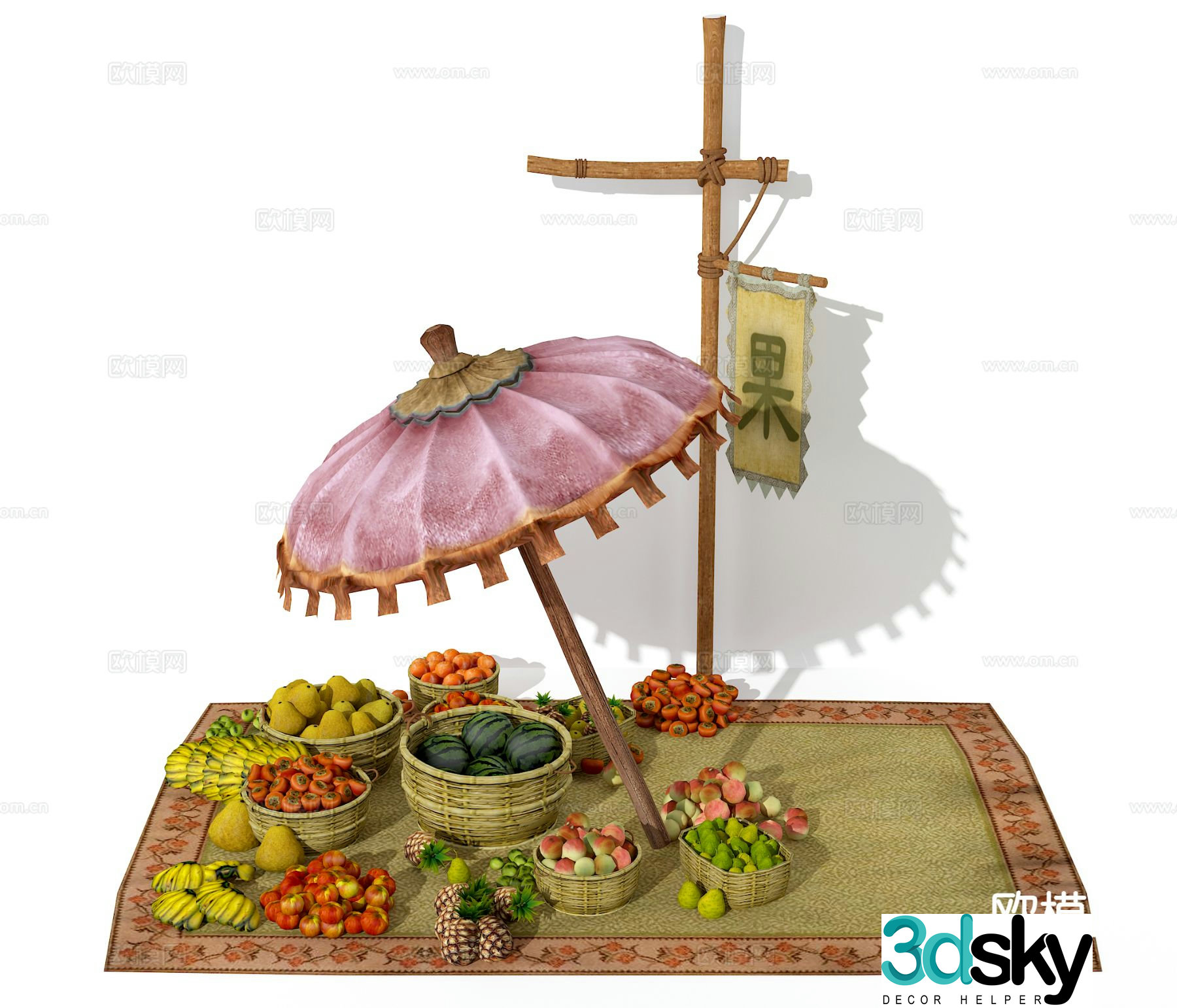 Fruit vending stall basket folk sketch 3D model