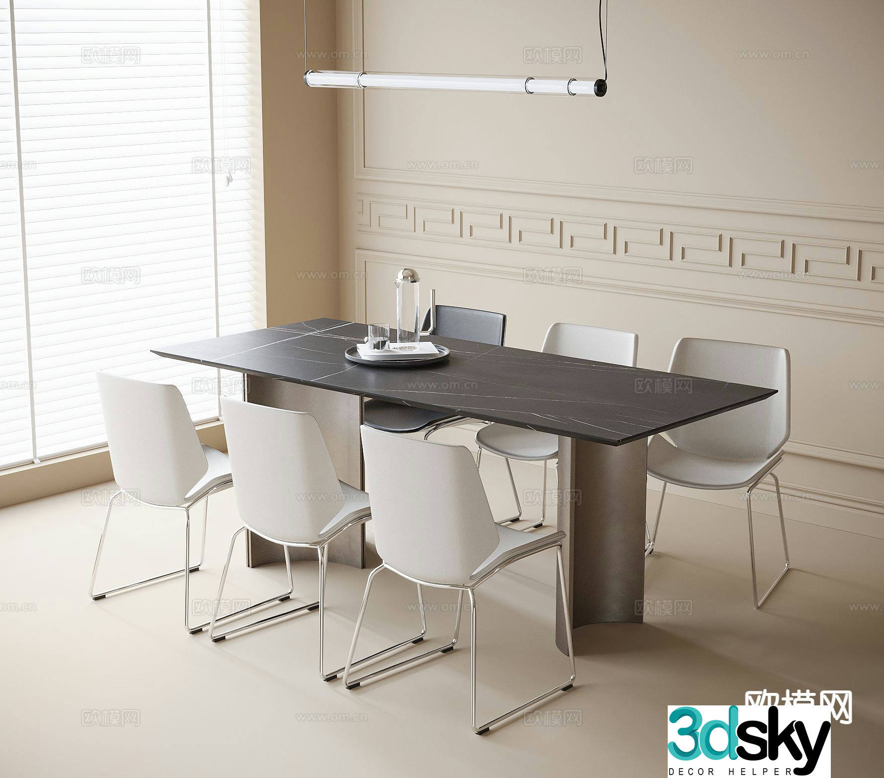 Modern long dining table and chairs 3d model