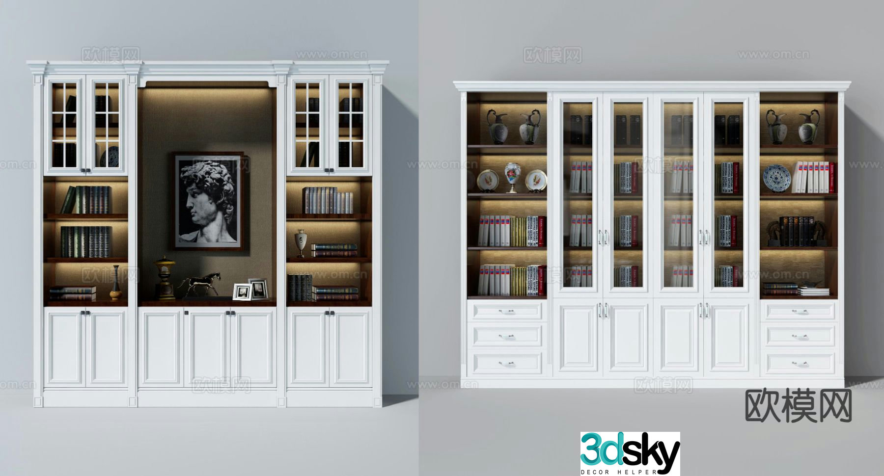 European solid wood bookcase decorative cabinet 3D model