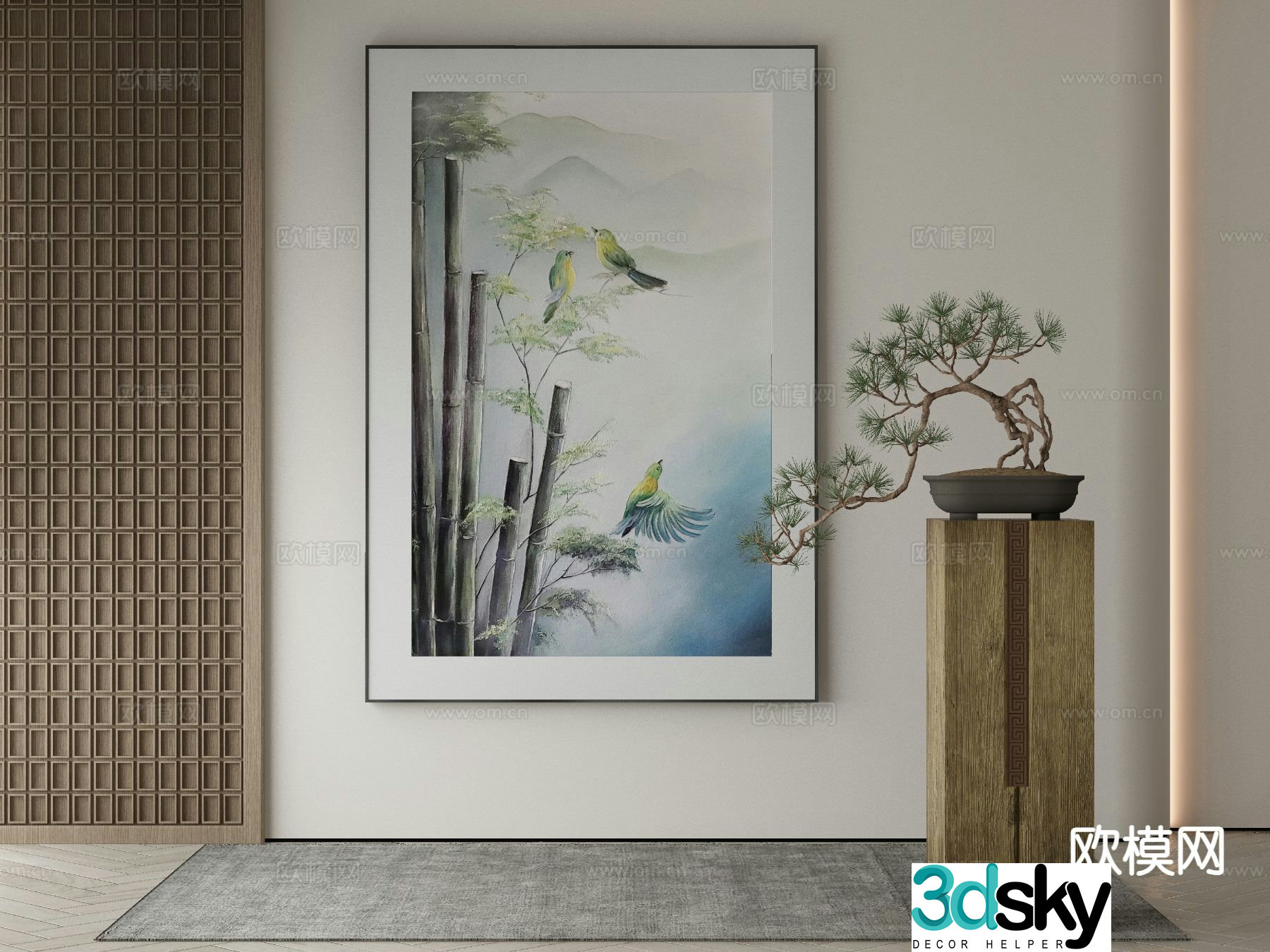 New Chinese style flower and bird painting bamboo decorative painting 3d model