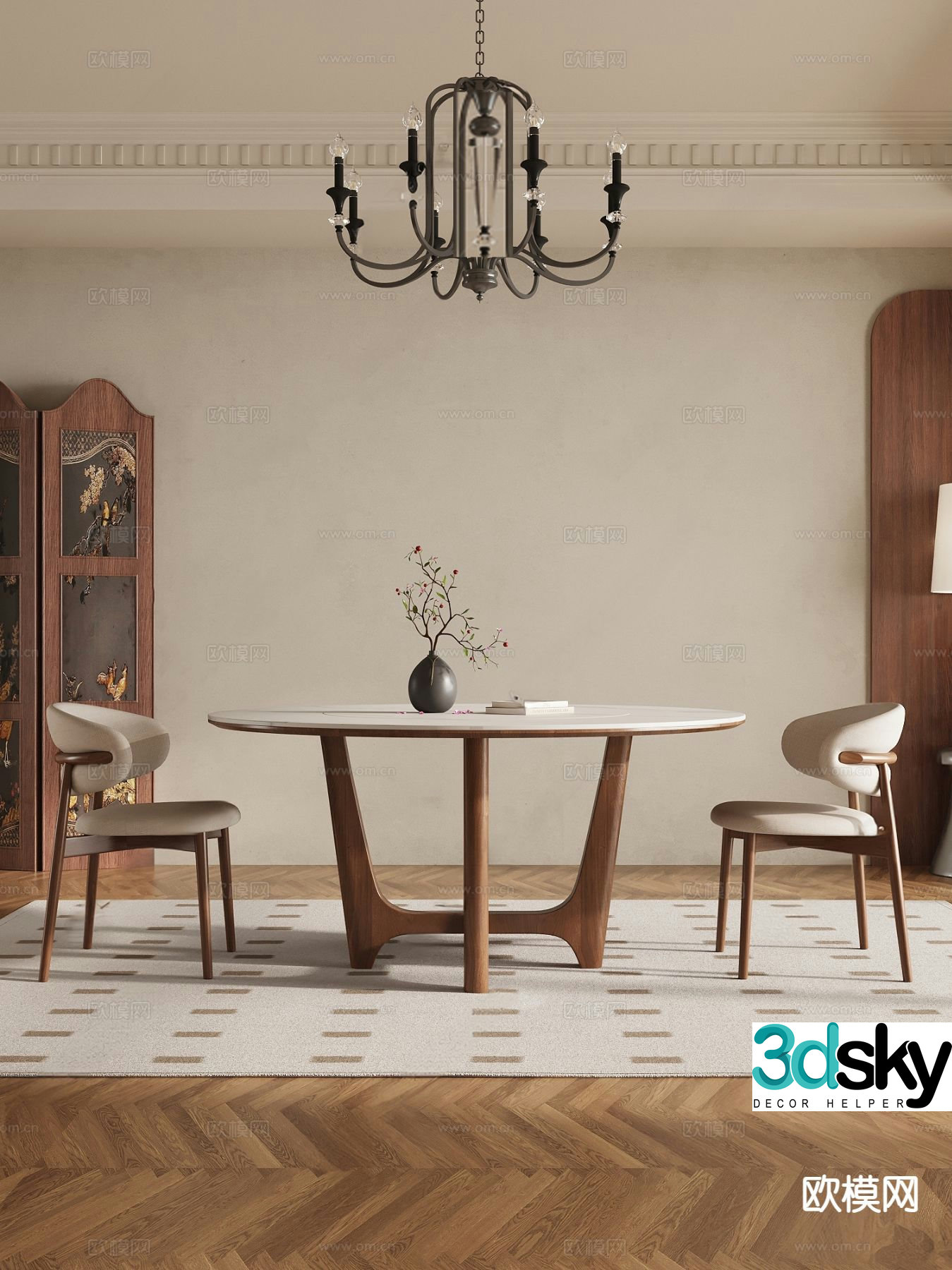 Medieval style round dining table and chairs 3D model