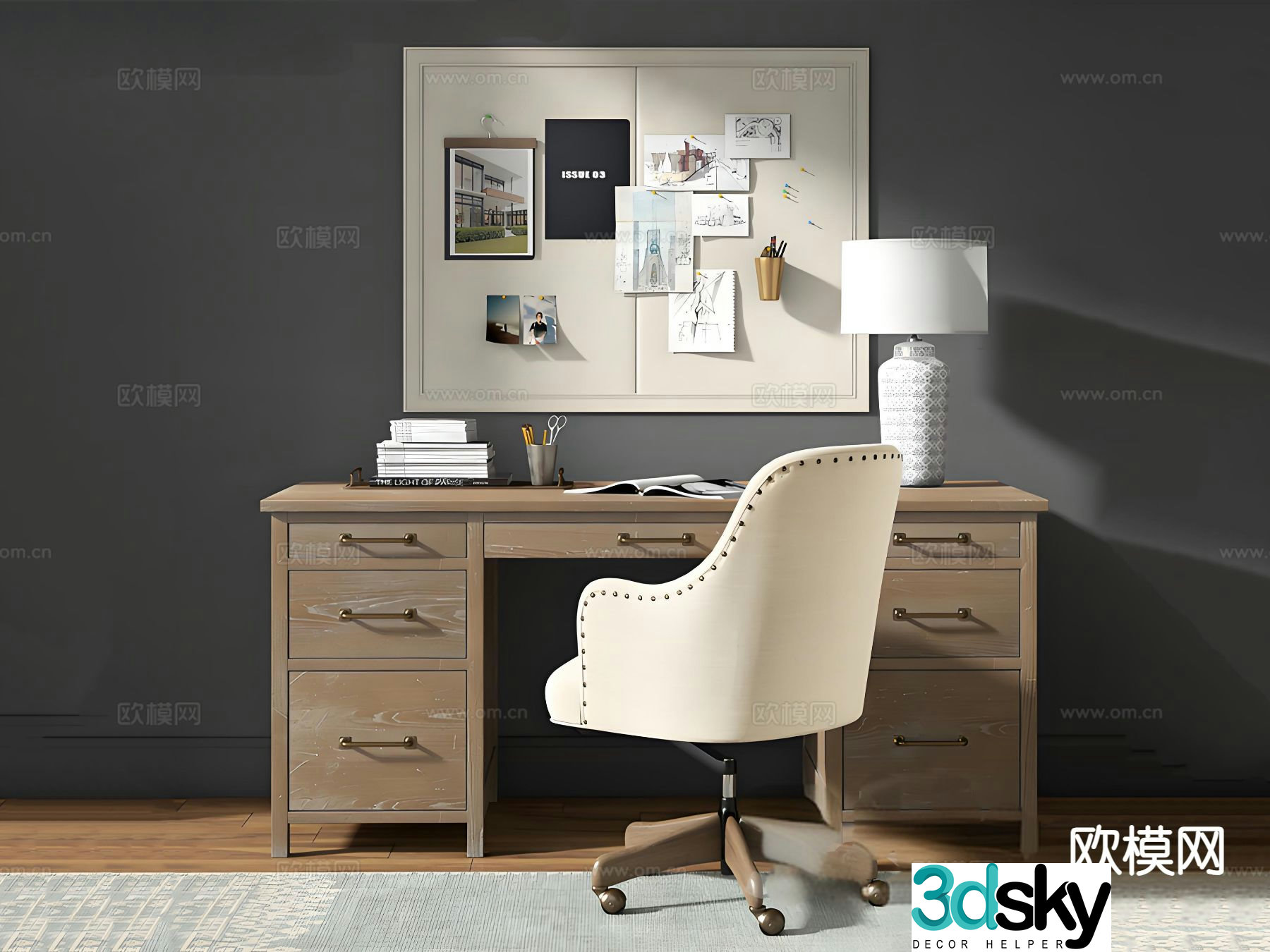 American desk study table computer desk 3d model