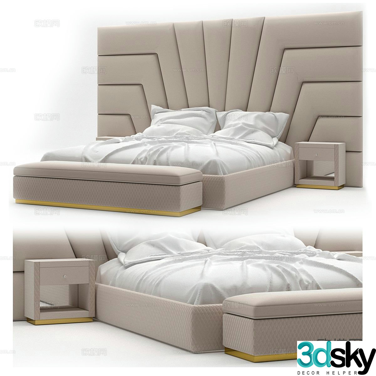 Light luxury double bed high back double bed 3d model