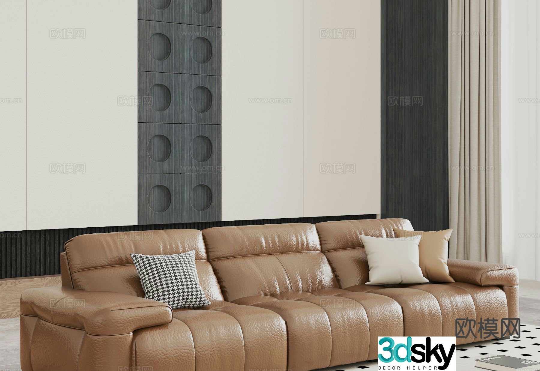 Italian three-seat sofa leather sofa 3D model