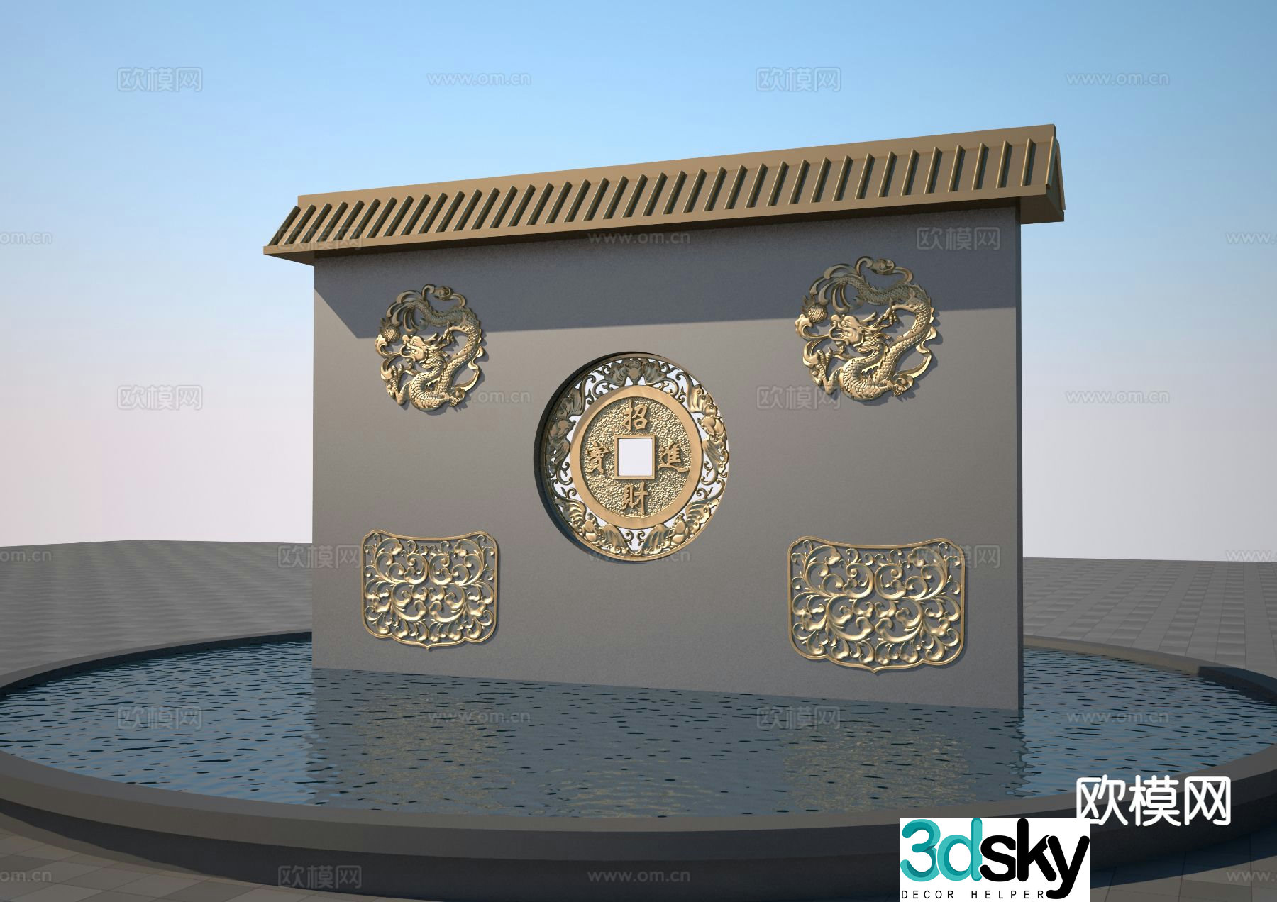 New Chinese style window grille relief landscape wall 3D model