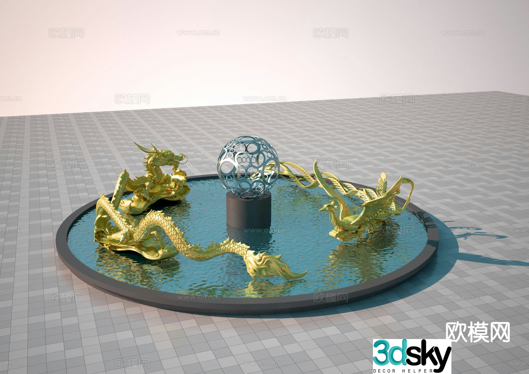 Dragon and Phoenix Playing with Pearls Round Sculpture Landscape Sculpture 3D Model