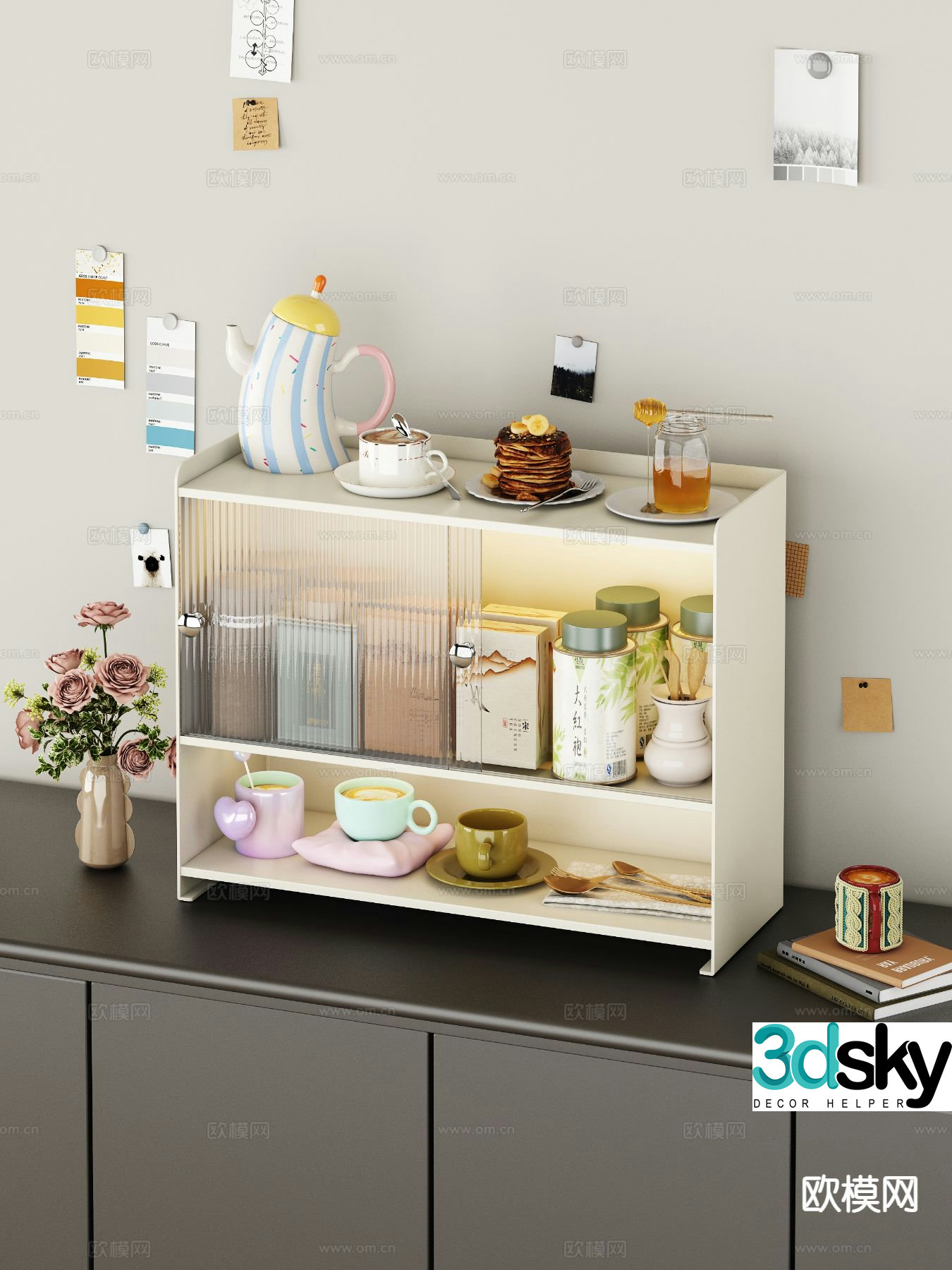 Modern tea cabinet cup tea set 3d model