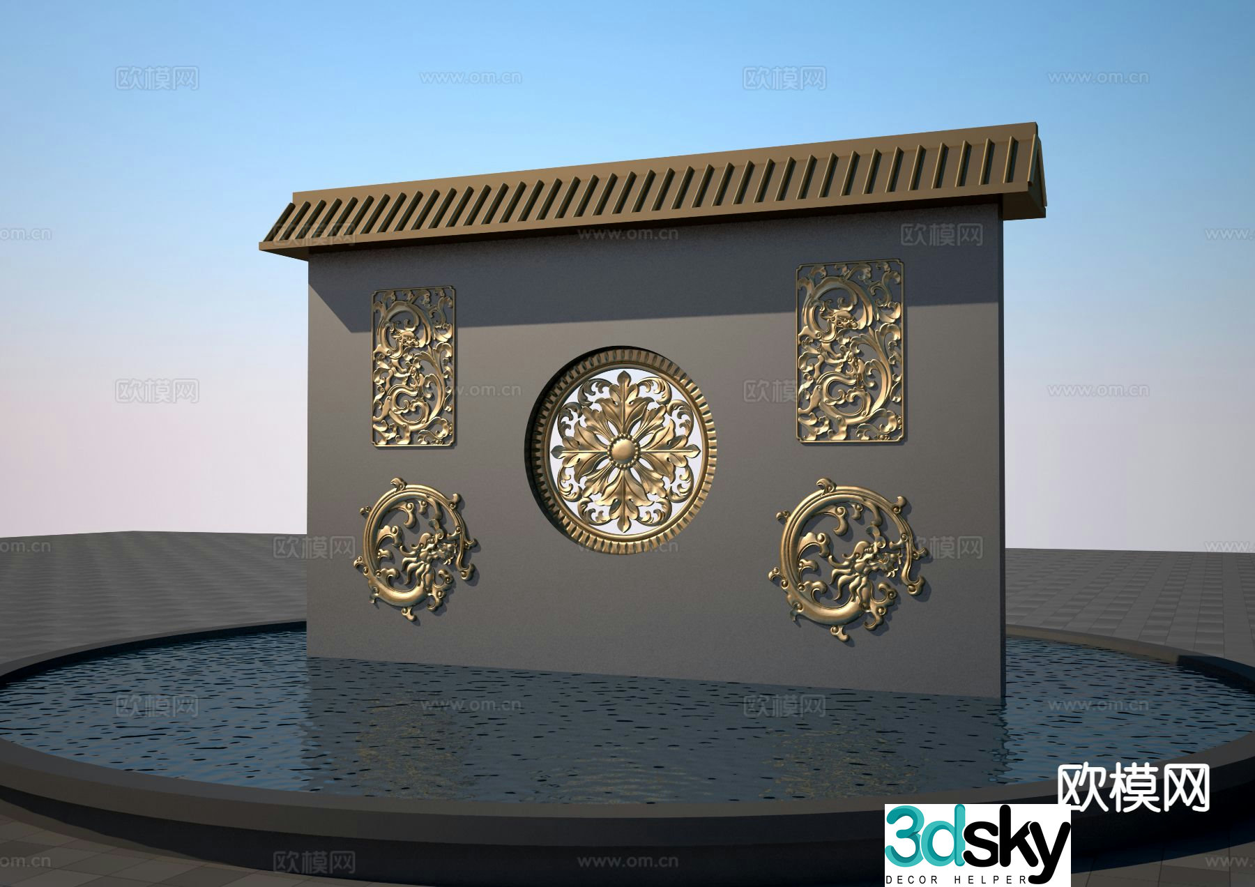 New Chinese style window grille relief landscape wall 3D model