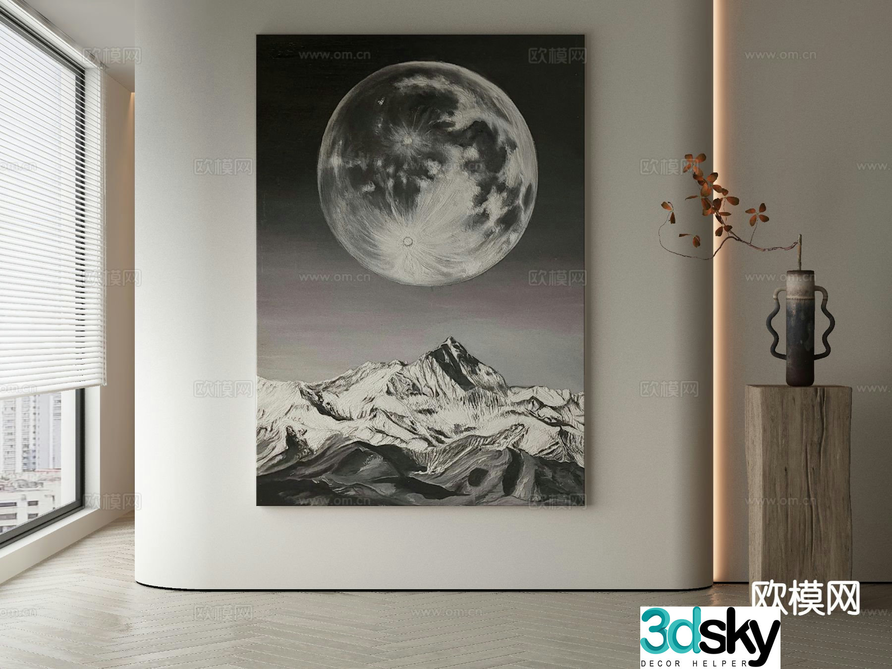 Moon painting sketch black and white decorative painting 3d model