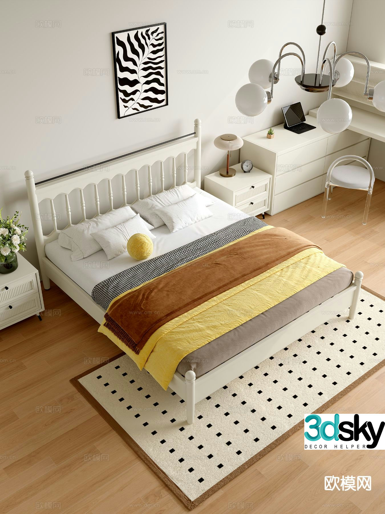 Cream style solid wood bed 3d model