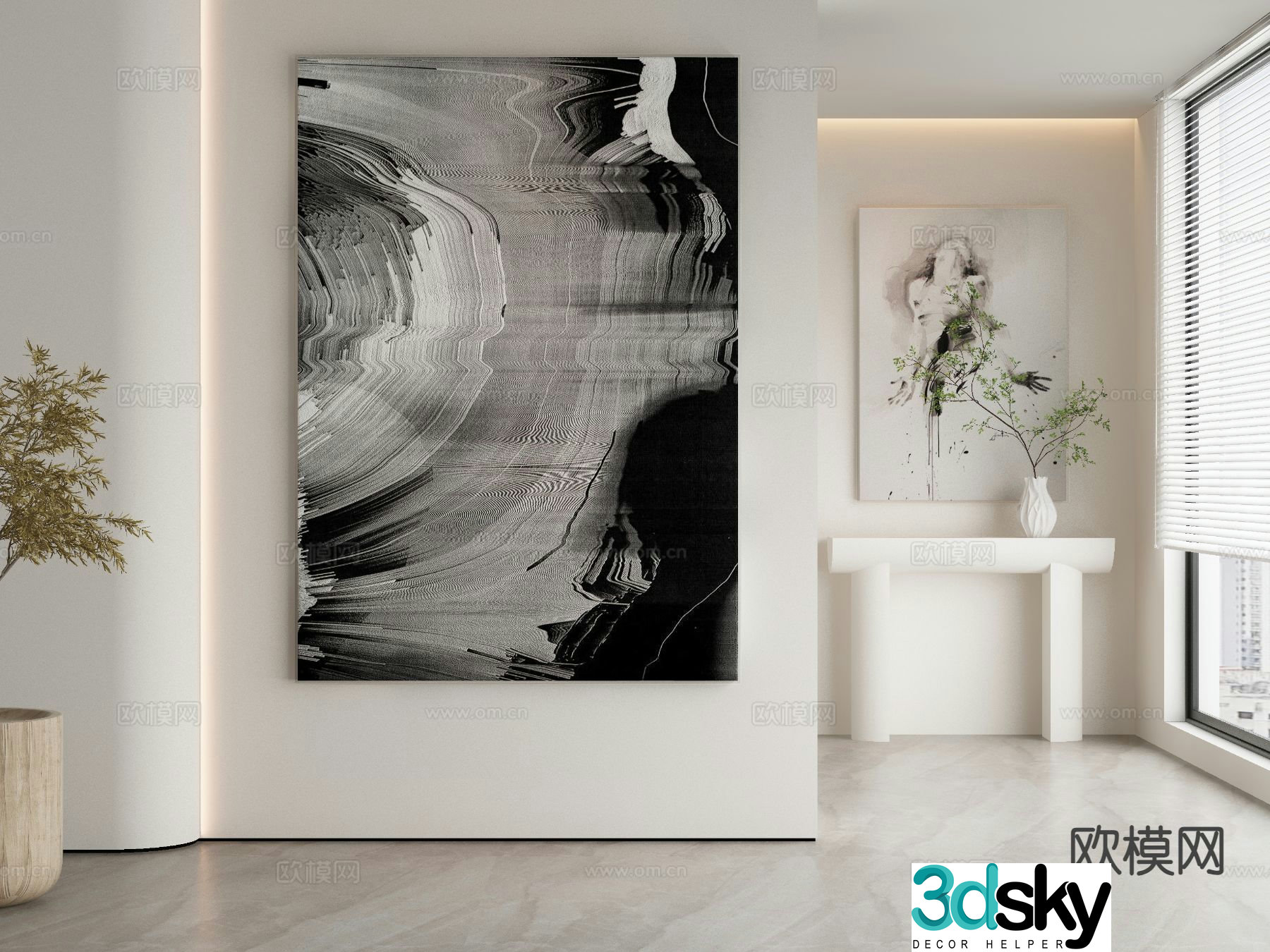Black and white hanging painting abstract ripple painting 3d model