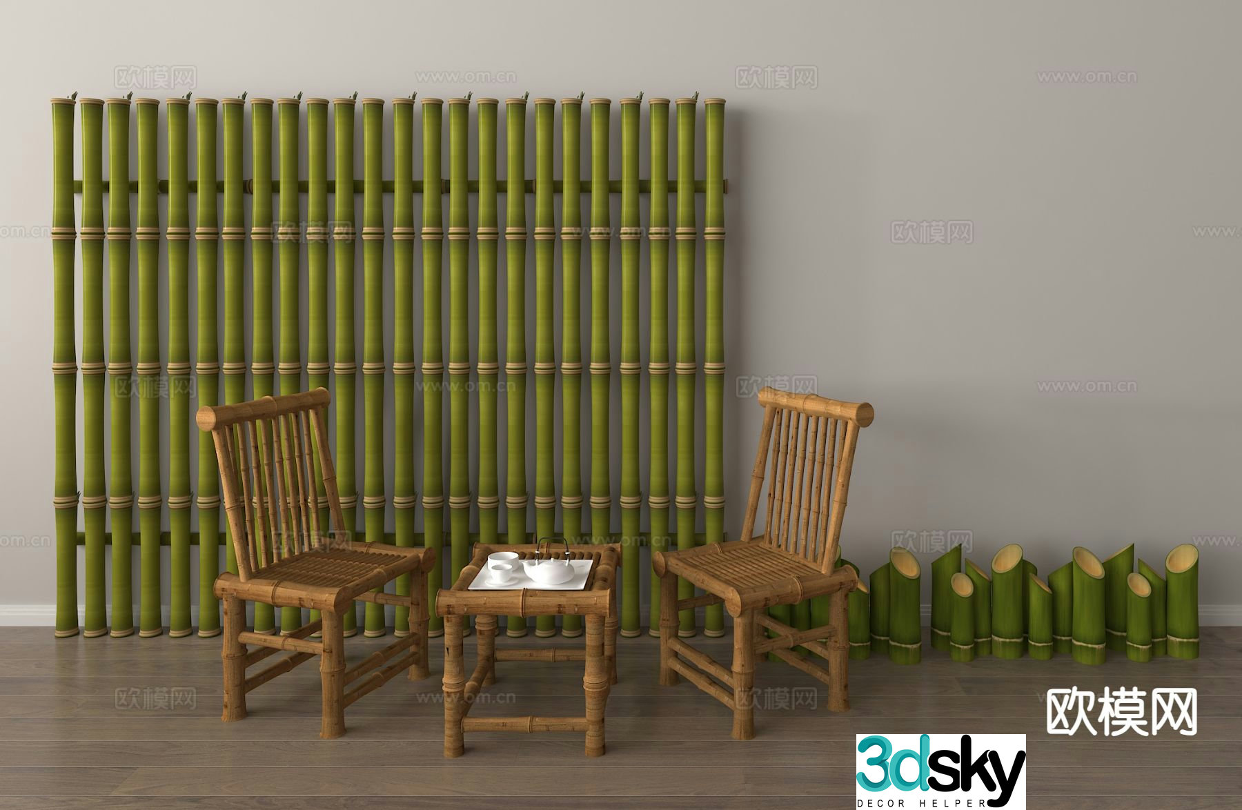 Chinese outdoor tables and chairs leisure tables and chairs bamboo chairs bamboo raft wall 3D model