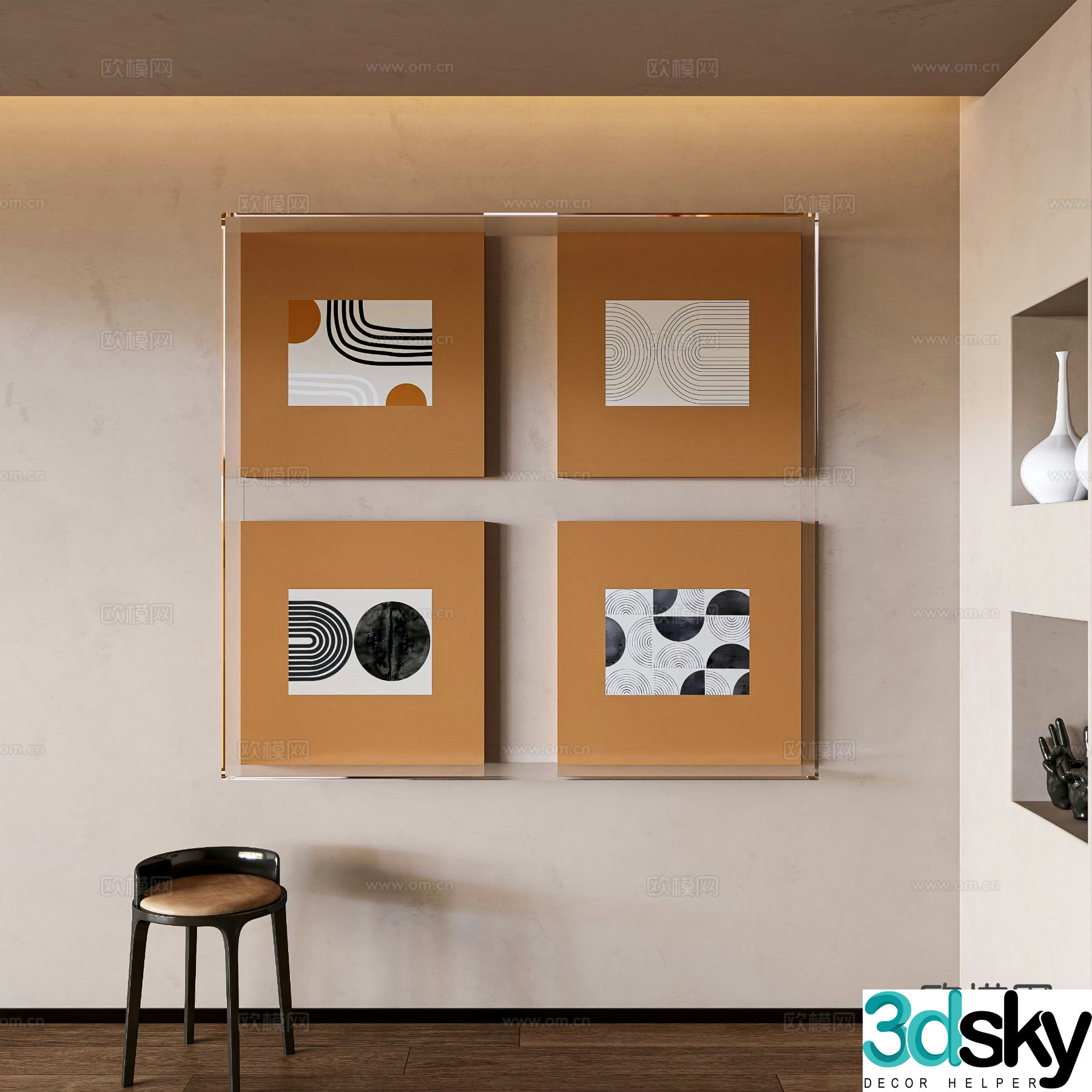 Retro decorative painting geometric hanging painting combination painting 3D model
