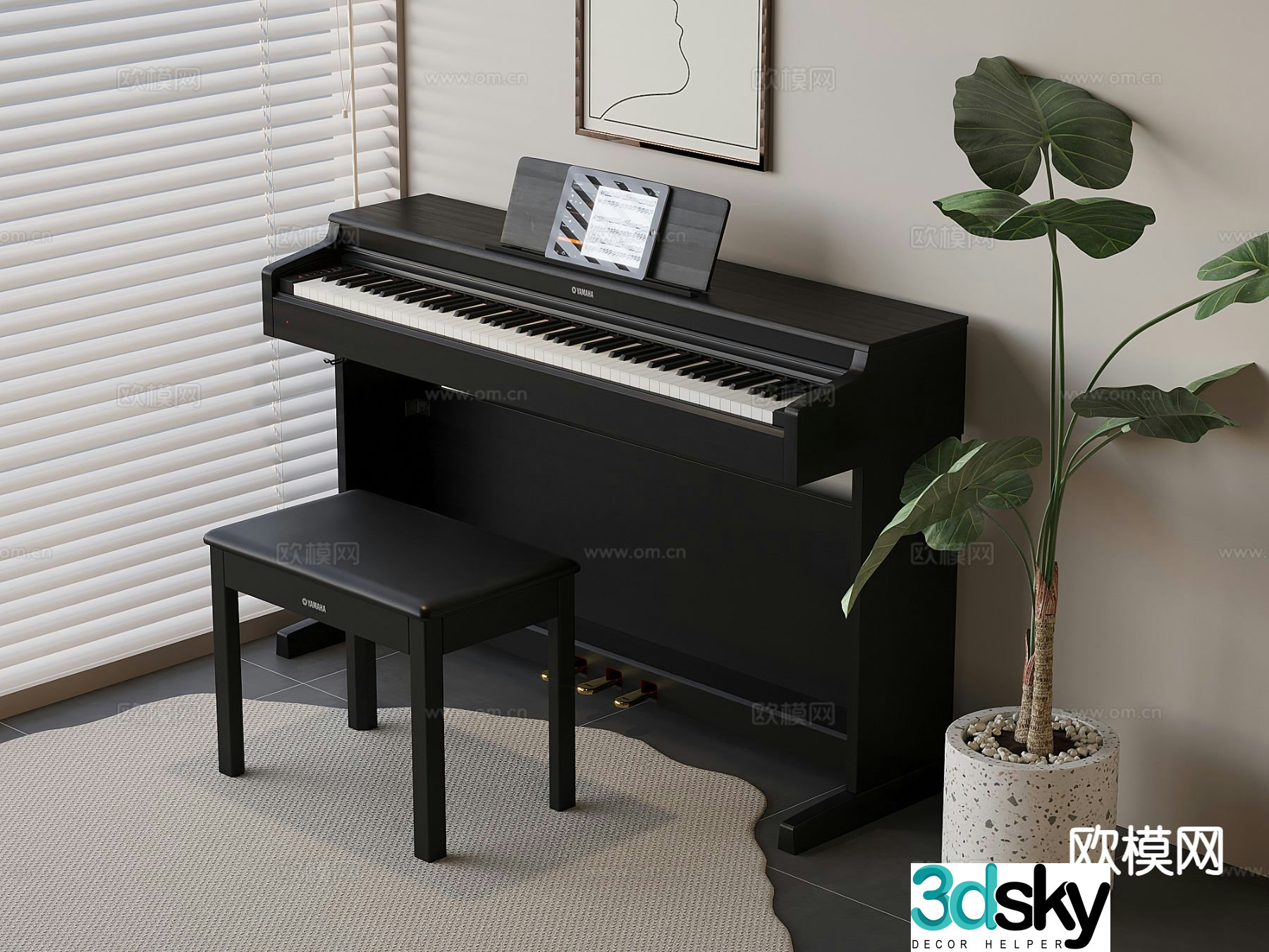black electric piano piano sheet music bench 3d model