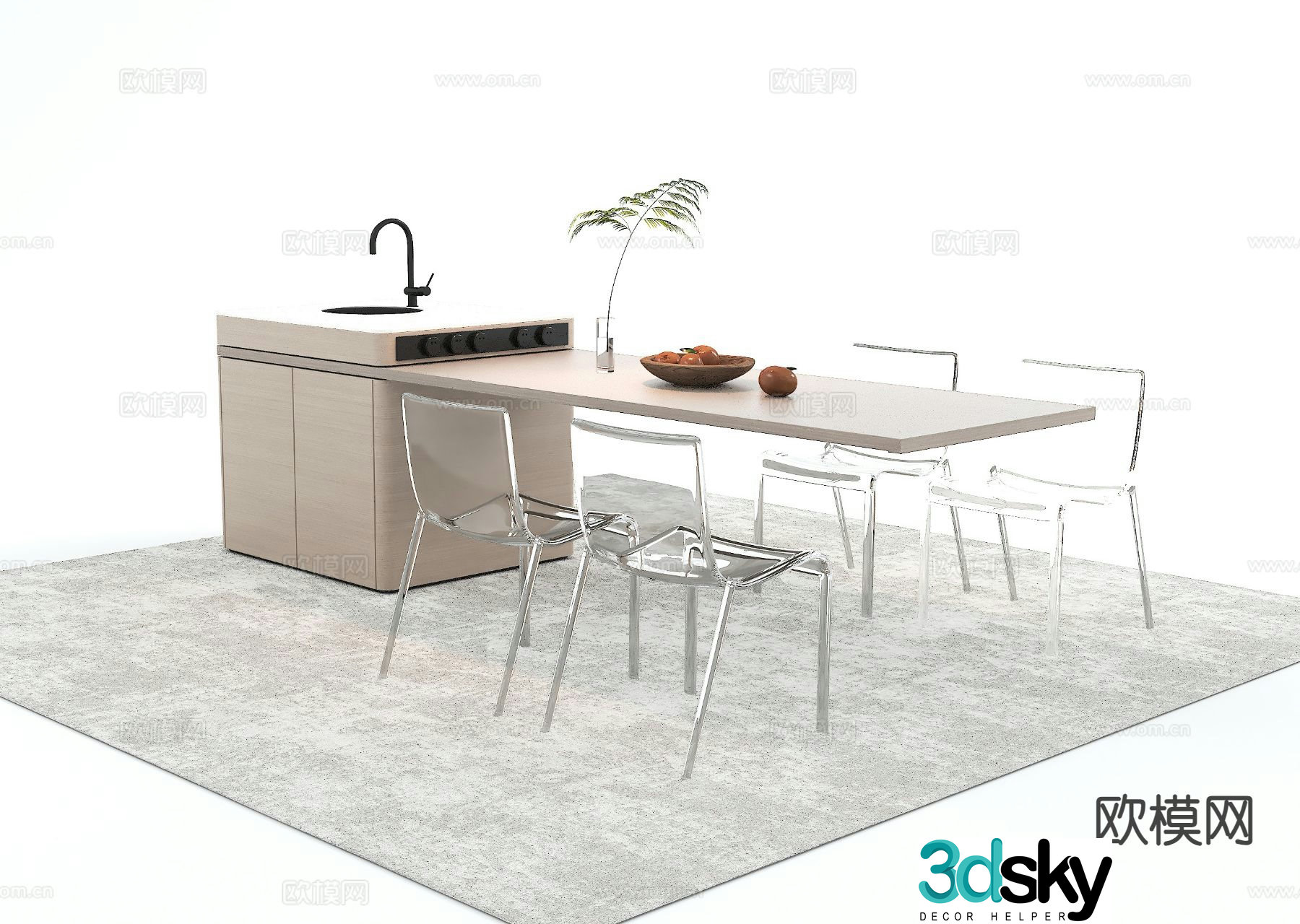 Island dining table and chairs solid wood dining table 3d model