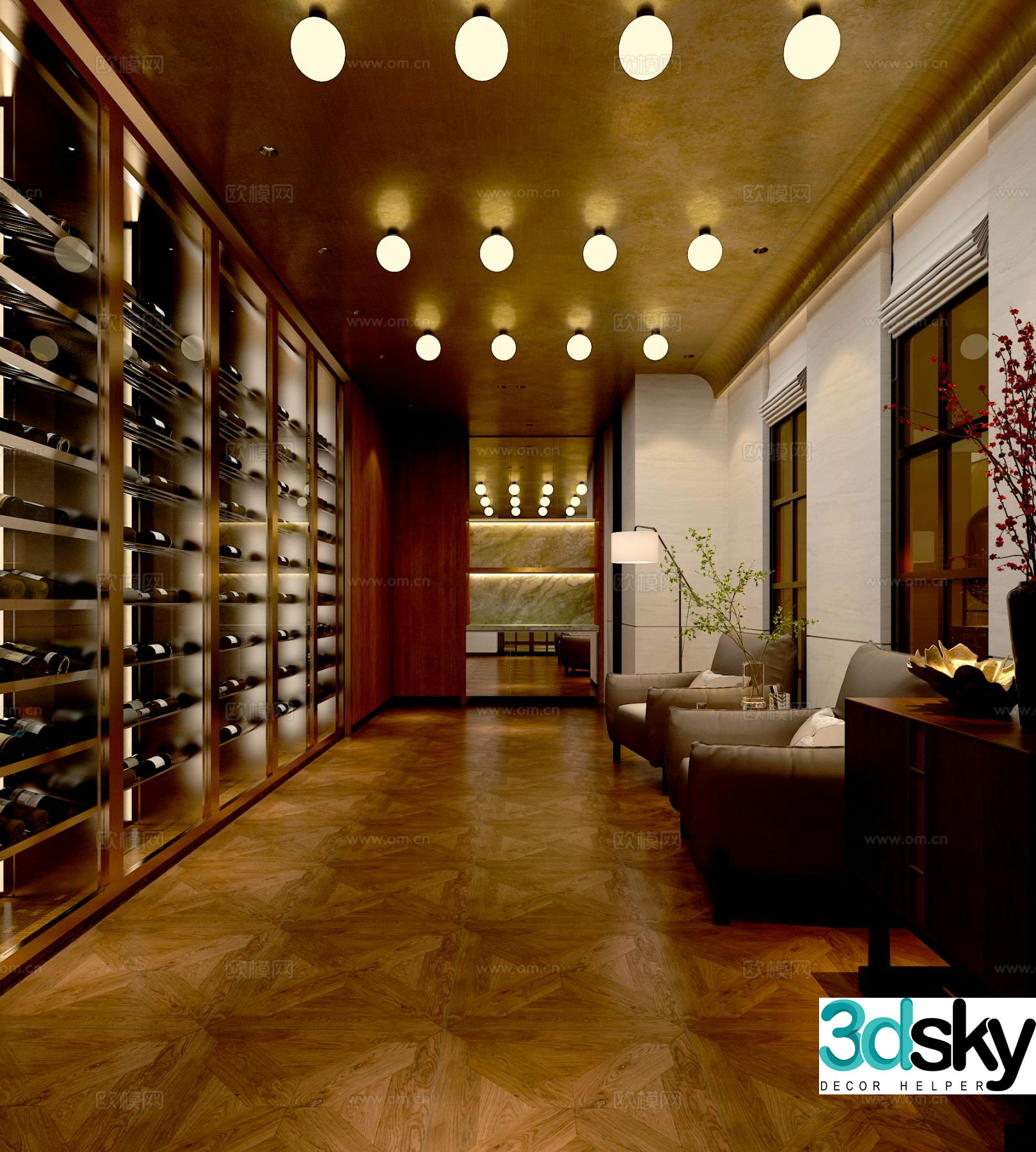 3D model of the tea room wine cellar and stairwell on the first floor of the new Chinese-style villa