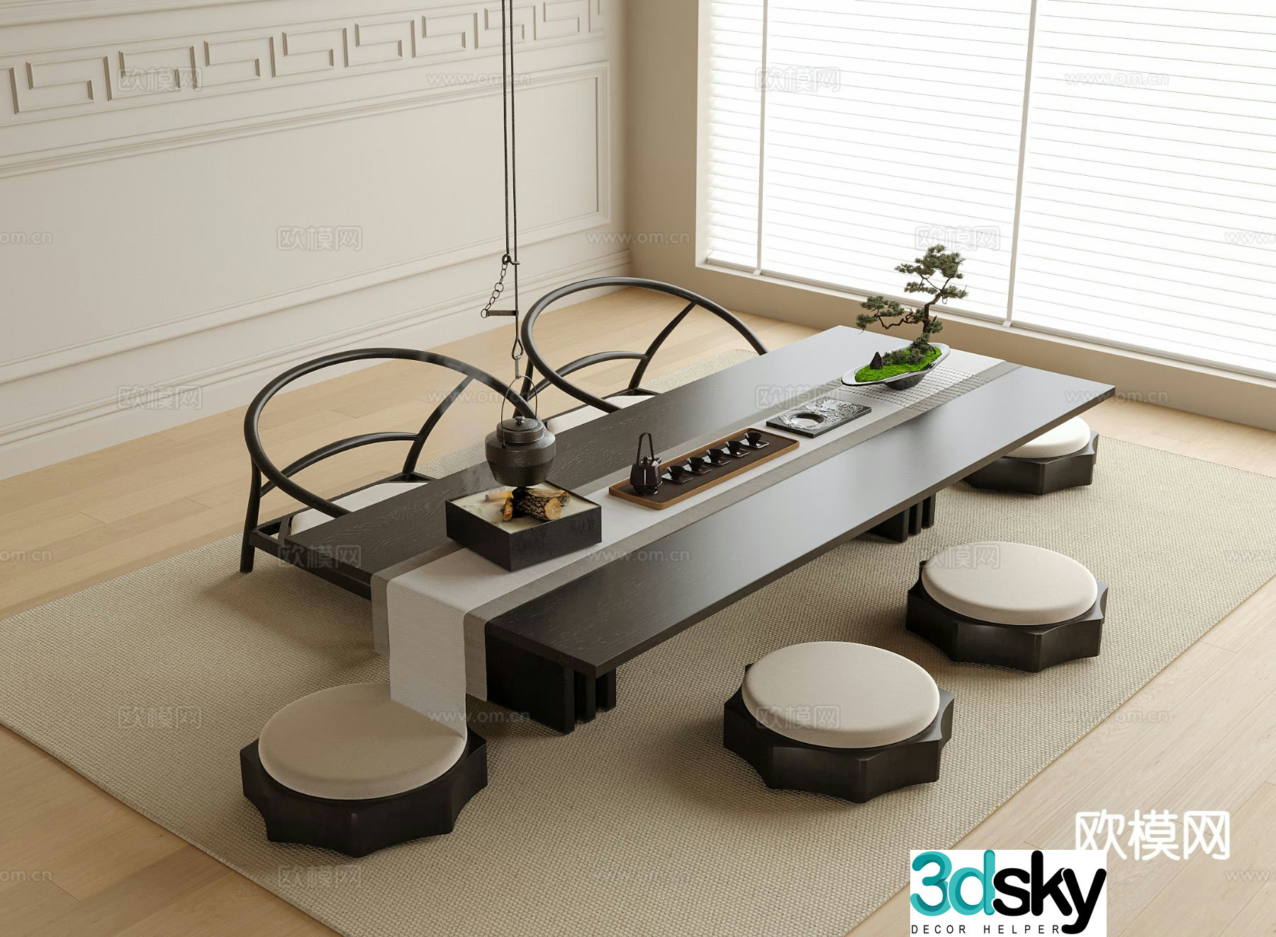 Chinese tatami tea table and chairs tea set tuanfu 3d model