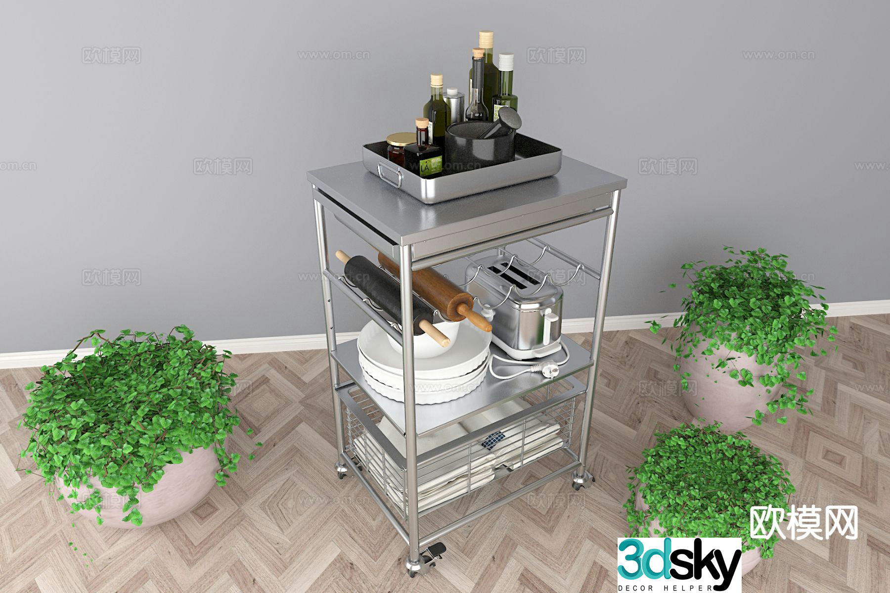 Industrial style trolley kitchen trolley 3d model