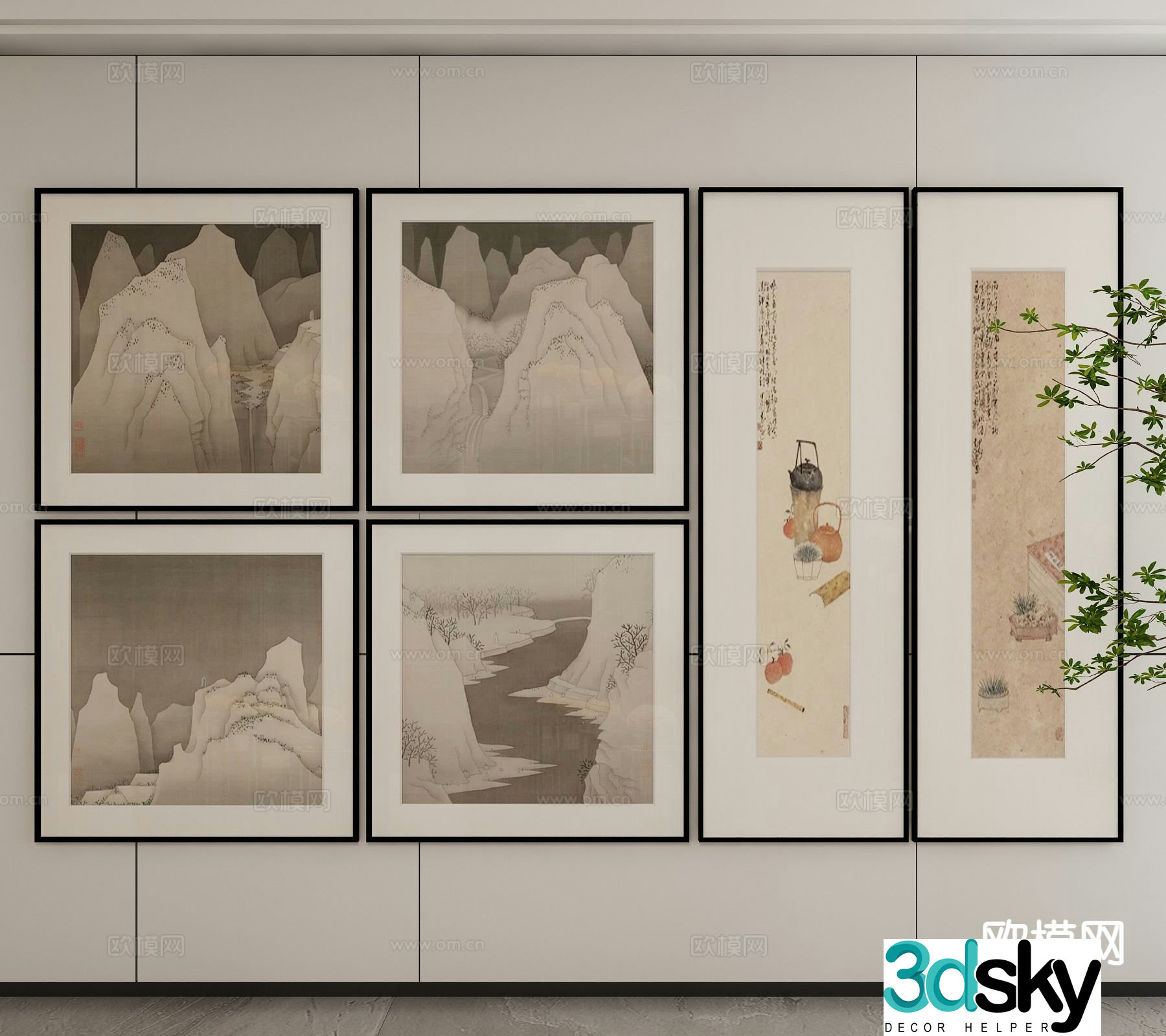 New Chinese style ink painting landscape painting decorative painting 3D model