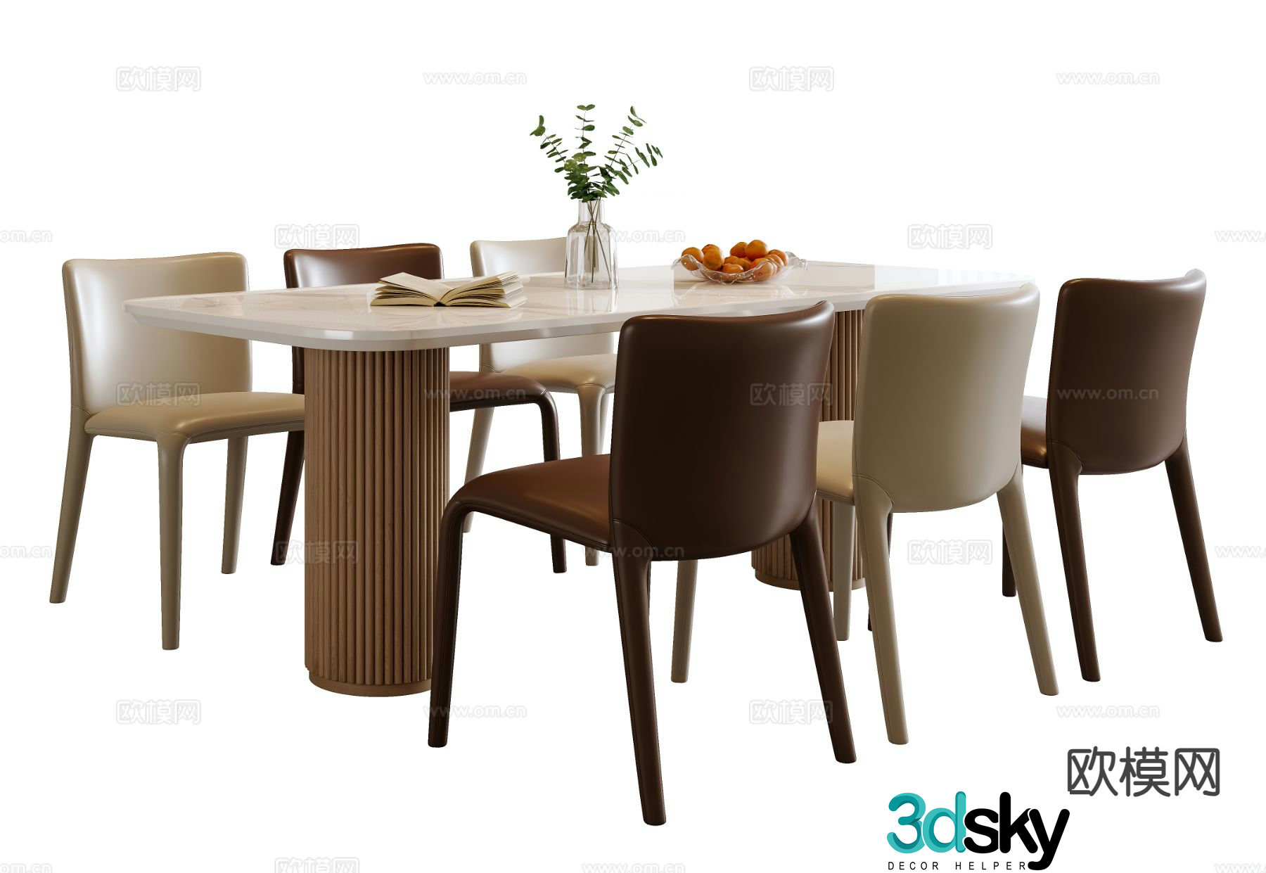 Modern long dining table and chairs 3d model