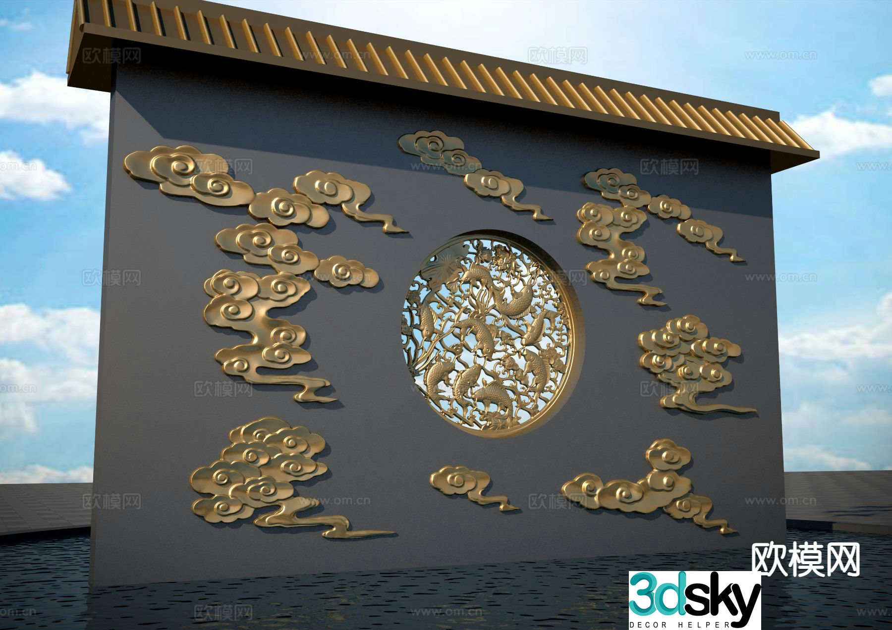 New Chinese style moirÃ© relief landscape wall 3D model