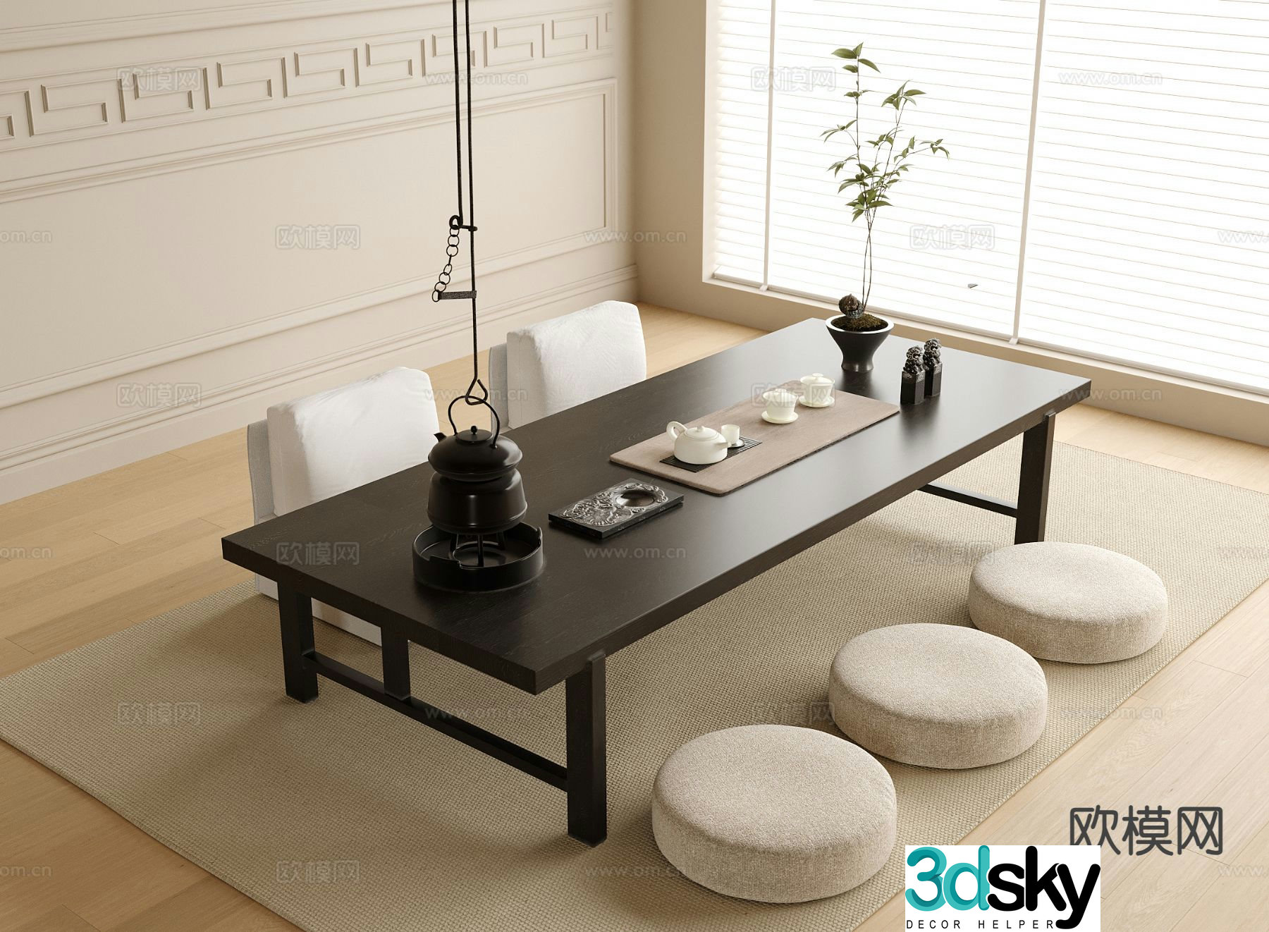 Tatami tea table and chairs tea set 3d model
