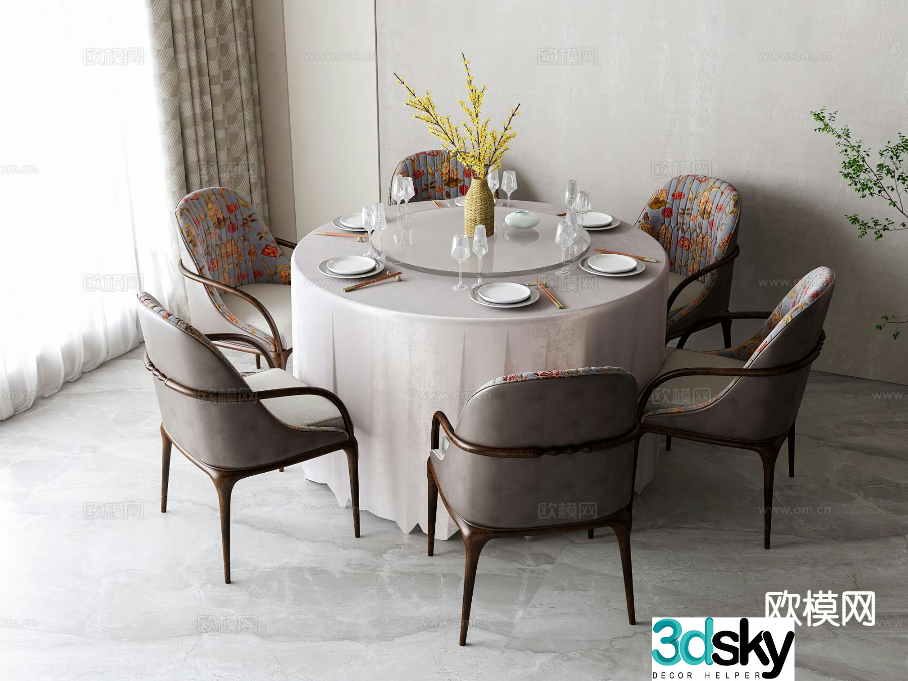 Simple European dining table and chairs 3D model