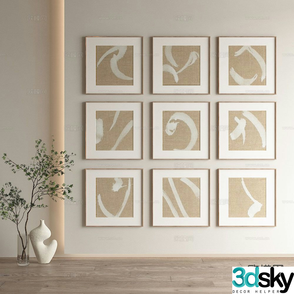 New Chinese style decorative painting geometric hanging painting 3D model
