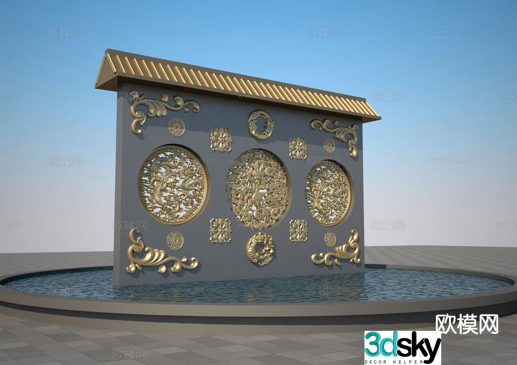 New Chinese style screen wall window grille relief landscape wall 3D model
