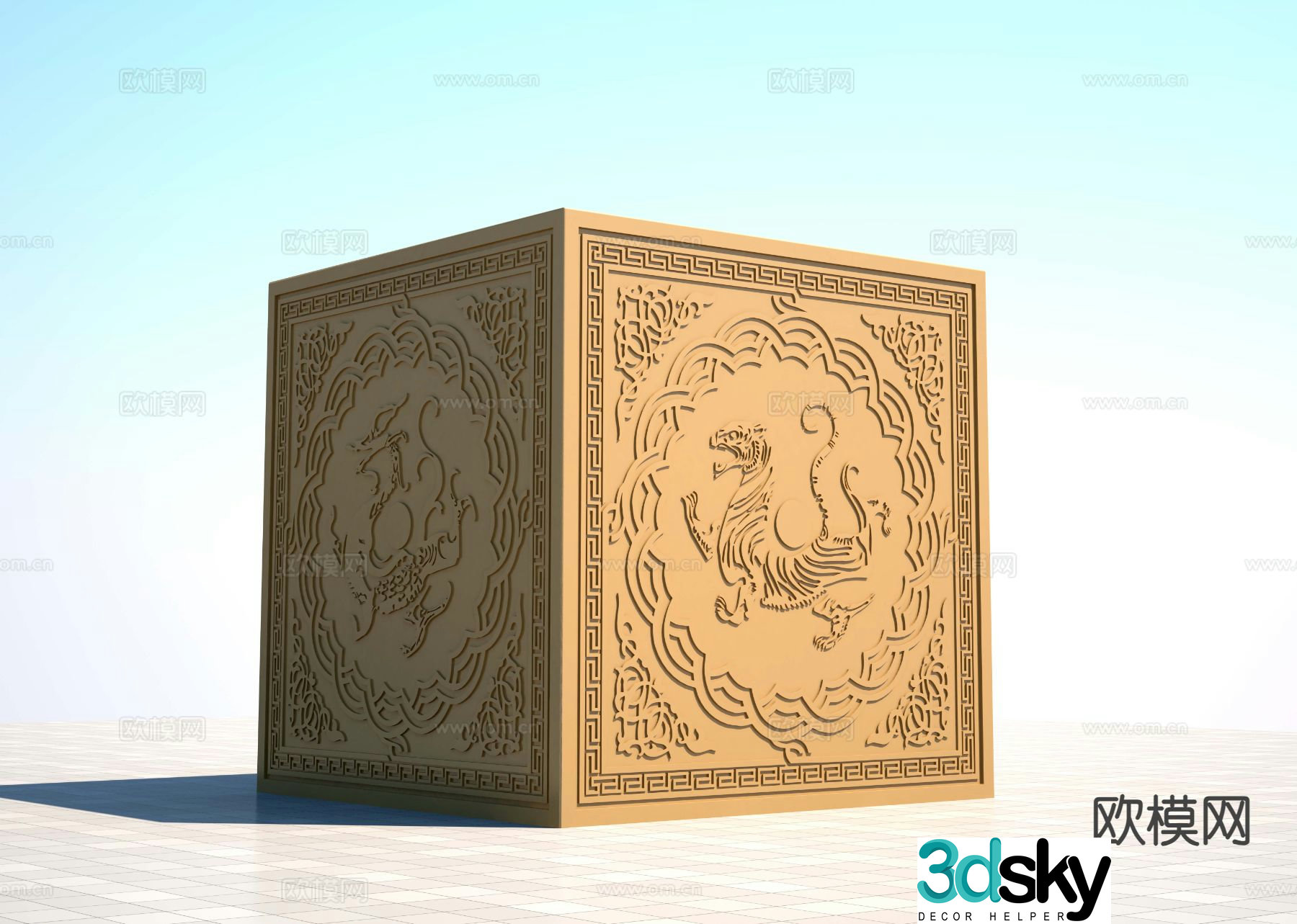 3D model of the square mythical beast box sculpture