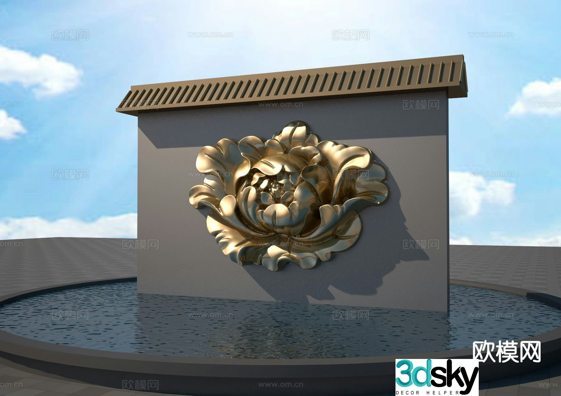 Peony flower relief landscape wall 3d model