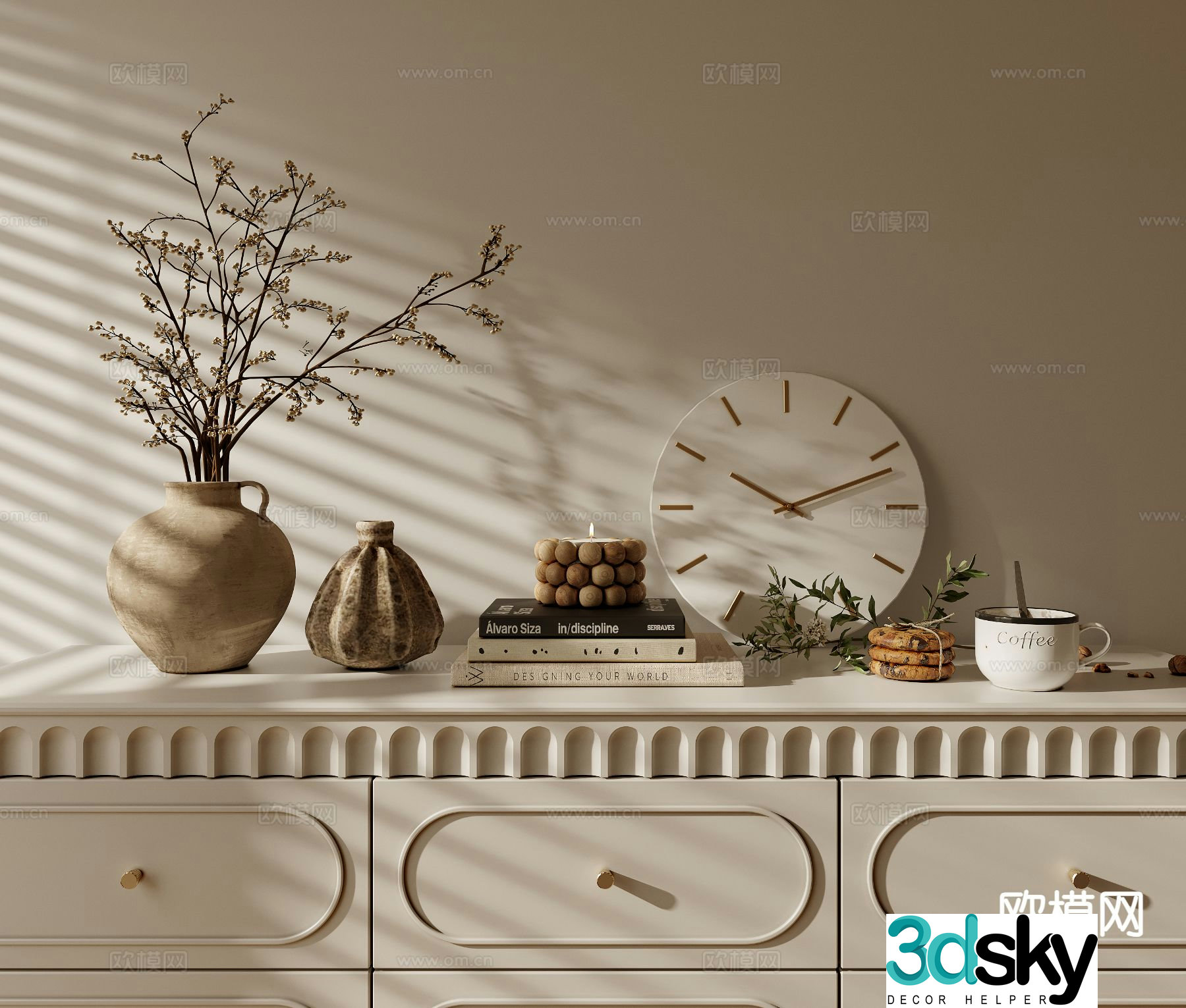 Cream style tableware books vase 3d model